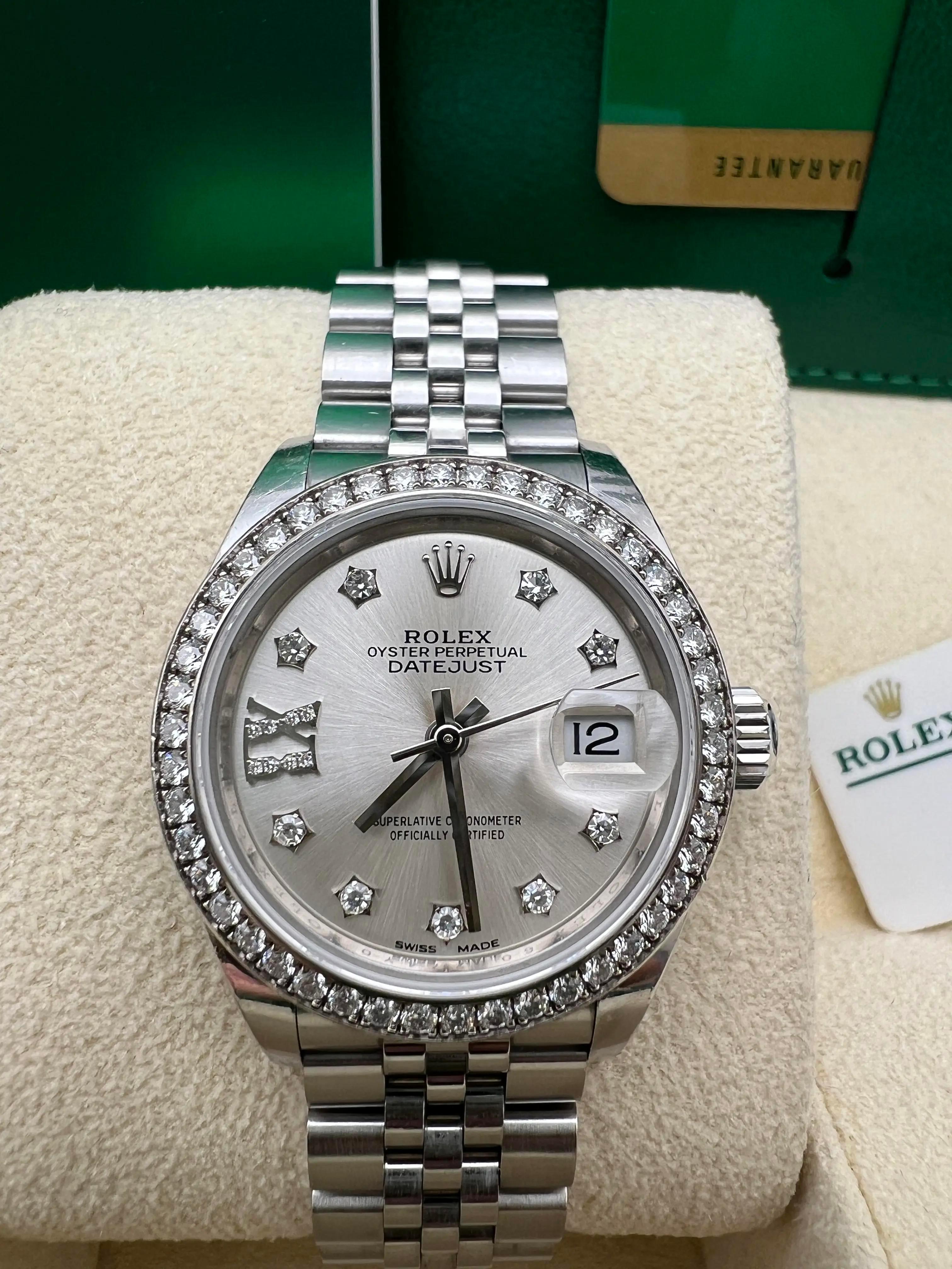 Round Cut Rolex Datejust 28mm 279384RBR Diamond Bezel Silver Star Roman Dial Box Papers