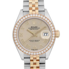 Rolex Datejust 28mm Gold Steel Diamond Bezel Champagne Dial Ladies Watch 279383