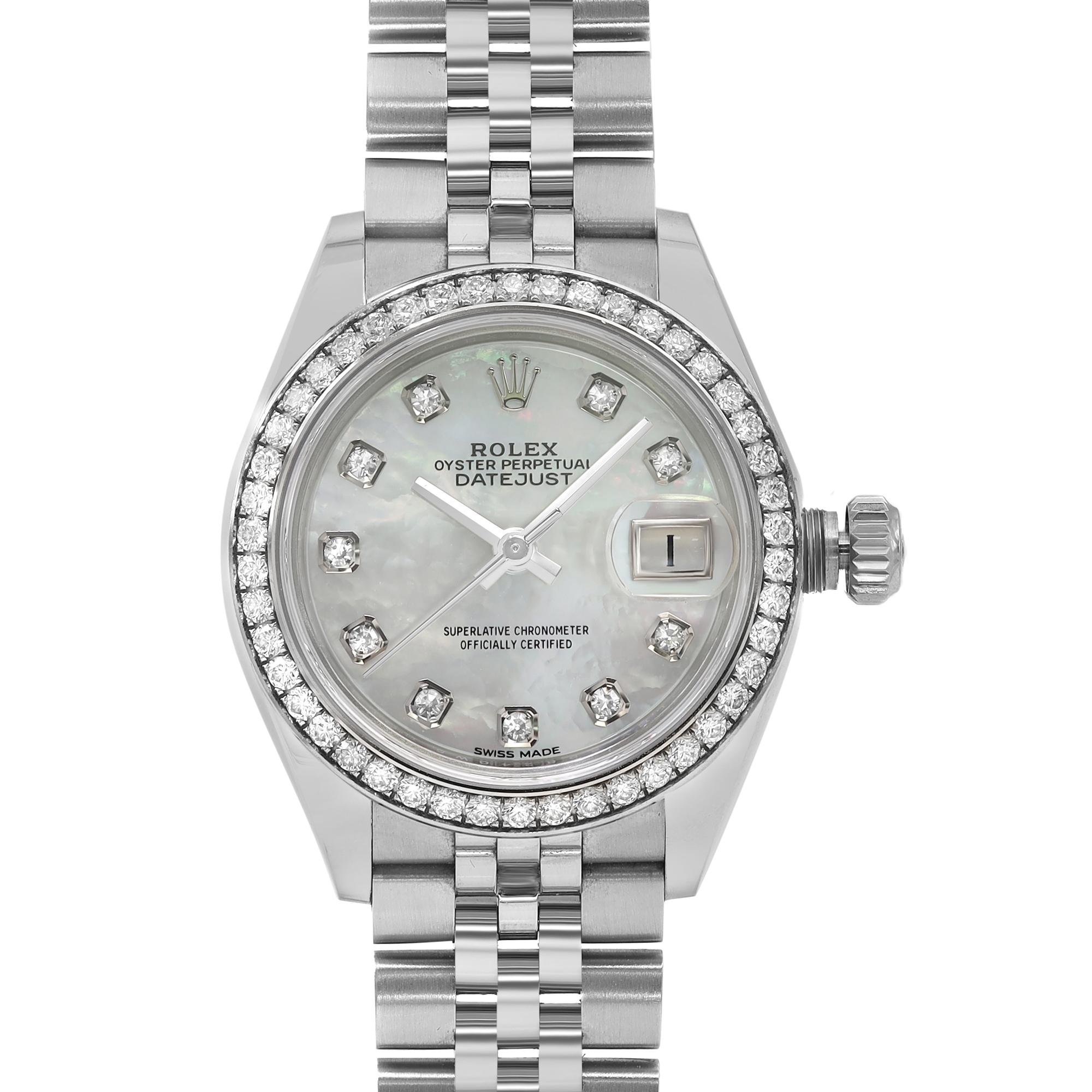 Pre-owned Rolex Datejust 28mm Steel MOP Diamond Dial Automatic Ladies Watch 279384RBR is a beautiful Ladies timepiece powered by mechanical (automatic) movement cased in a Stainless Steel case. It has a round shape face, Diamond Bezel, Mother of