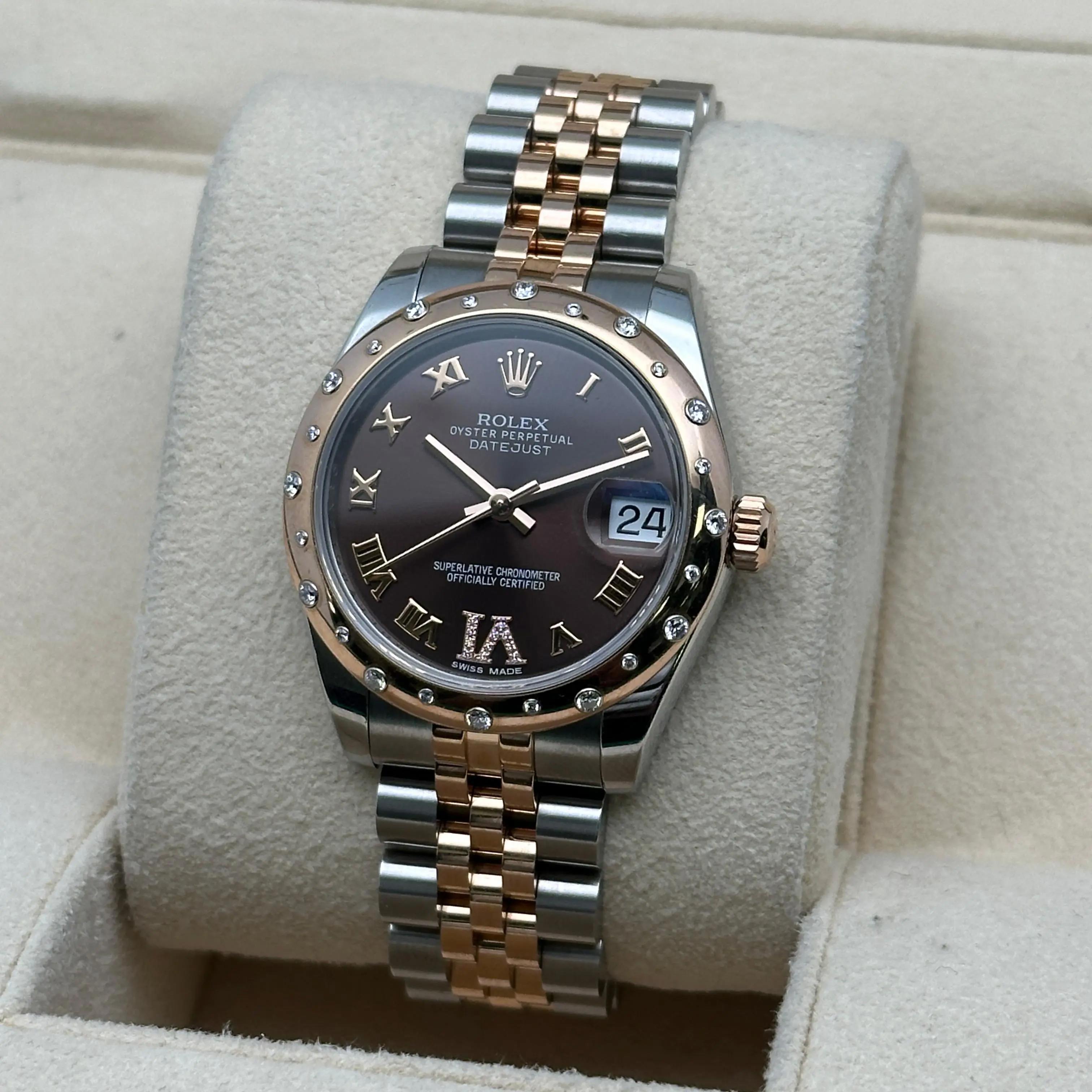 Rolex Datejust 31 178341 18K Rose Gold Steel Diamond Chocolate Watch Box Papers Excellent état - En vente à New York, NY