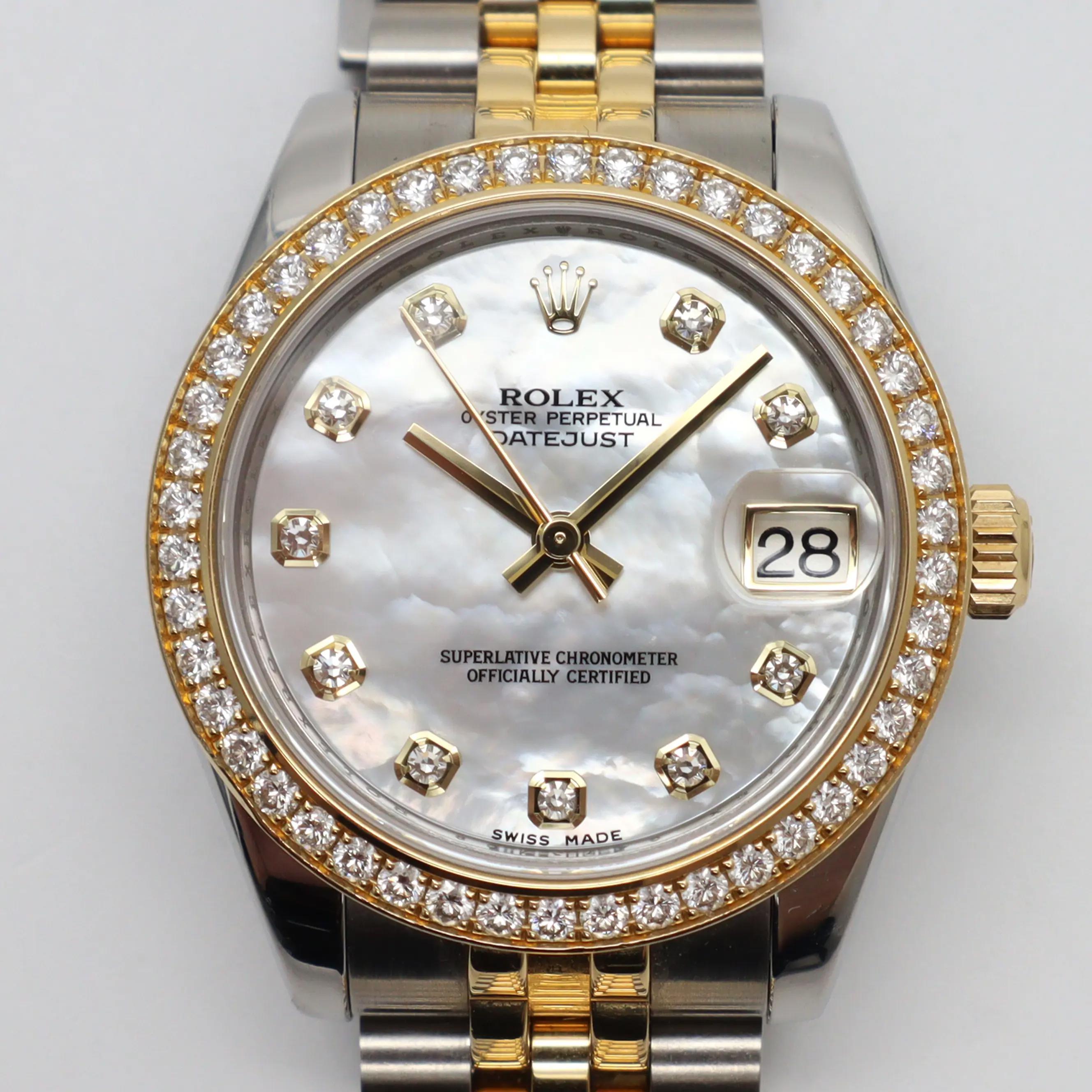 Women's Rolex Datejust 31 18K Gold Steel Diamond MOP Dial Ladies Watch 178383