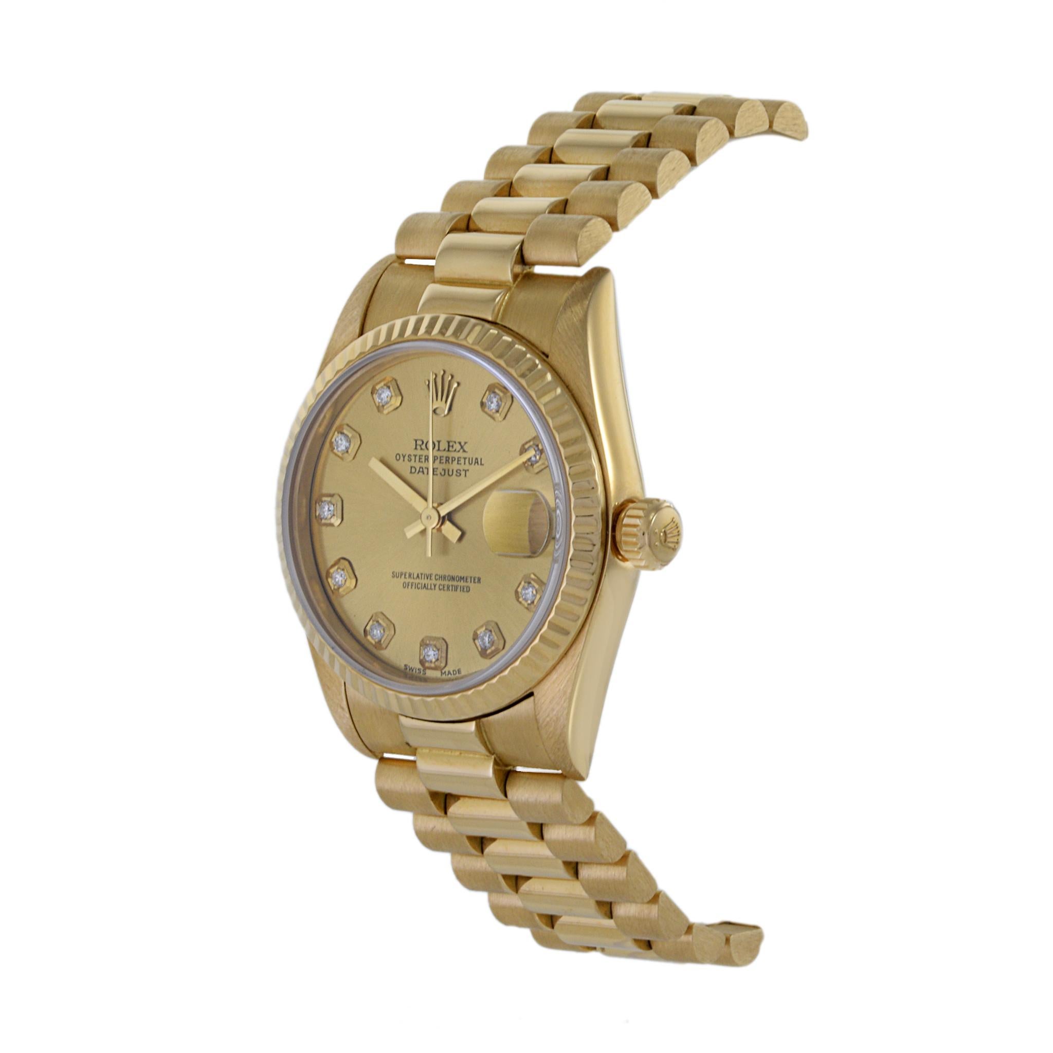 Modern Rolex Datejust 31 18K Yellow Gold with Diamonds For Sale
