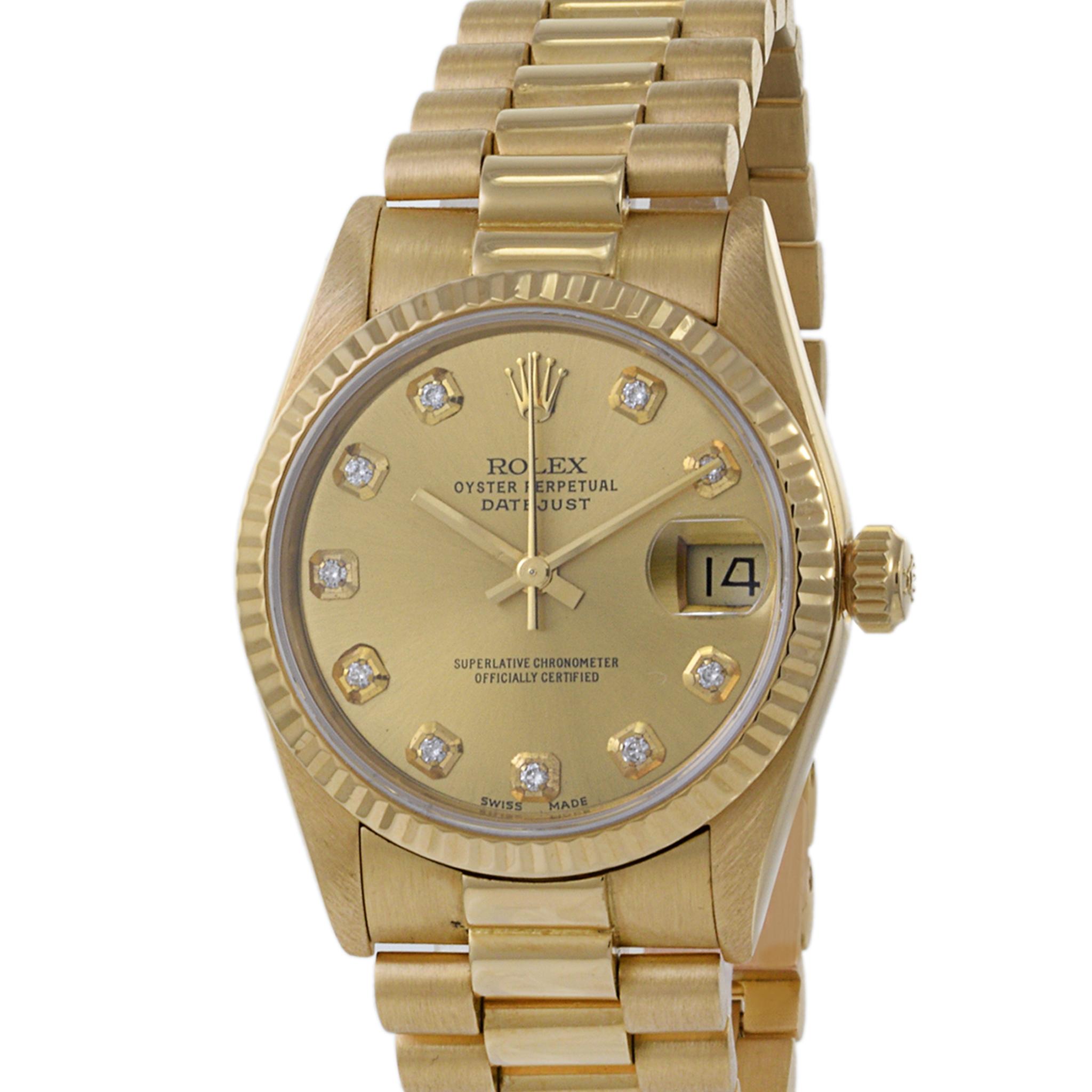 Round Cut Rolex Datejust 31 18K Yellow Gold with Diamonds For Sale
