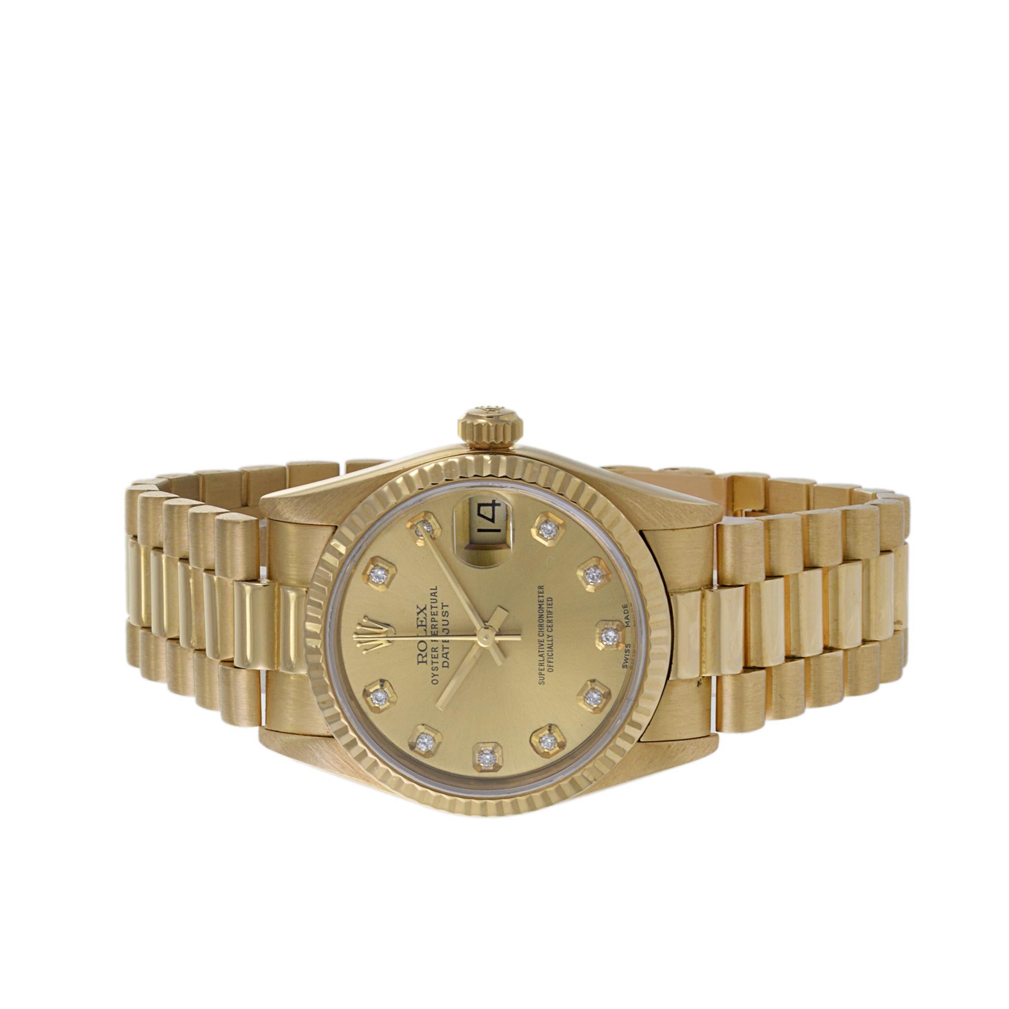Rolex Datejust 31 18K Yellow Gold with Diamonds In Good Condition For Sale In New York, NY