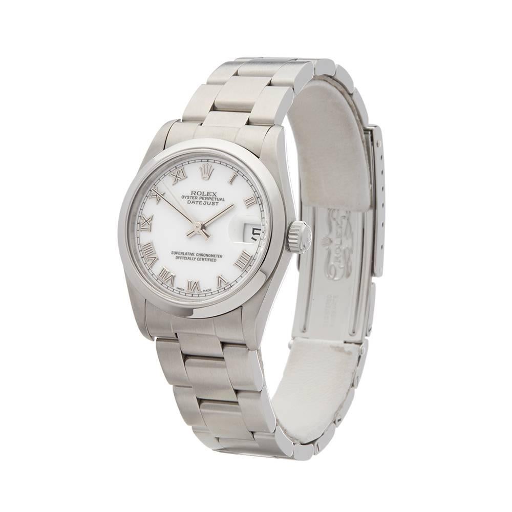 Ref: W4921
Manufacturer: Rolex
Model: Datejust
Model Ref: 68240
Age: 26th December 1998
Gender: Ladies
Complete With: Box & Guarantee
Dial: White Roman 
Glass: Sapphire Crystal
Movement: Automatic
Water Resistance: To Manufacturers