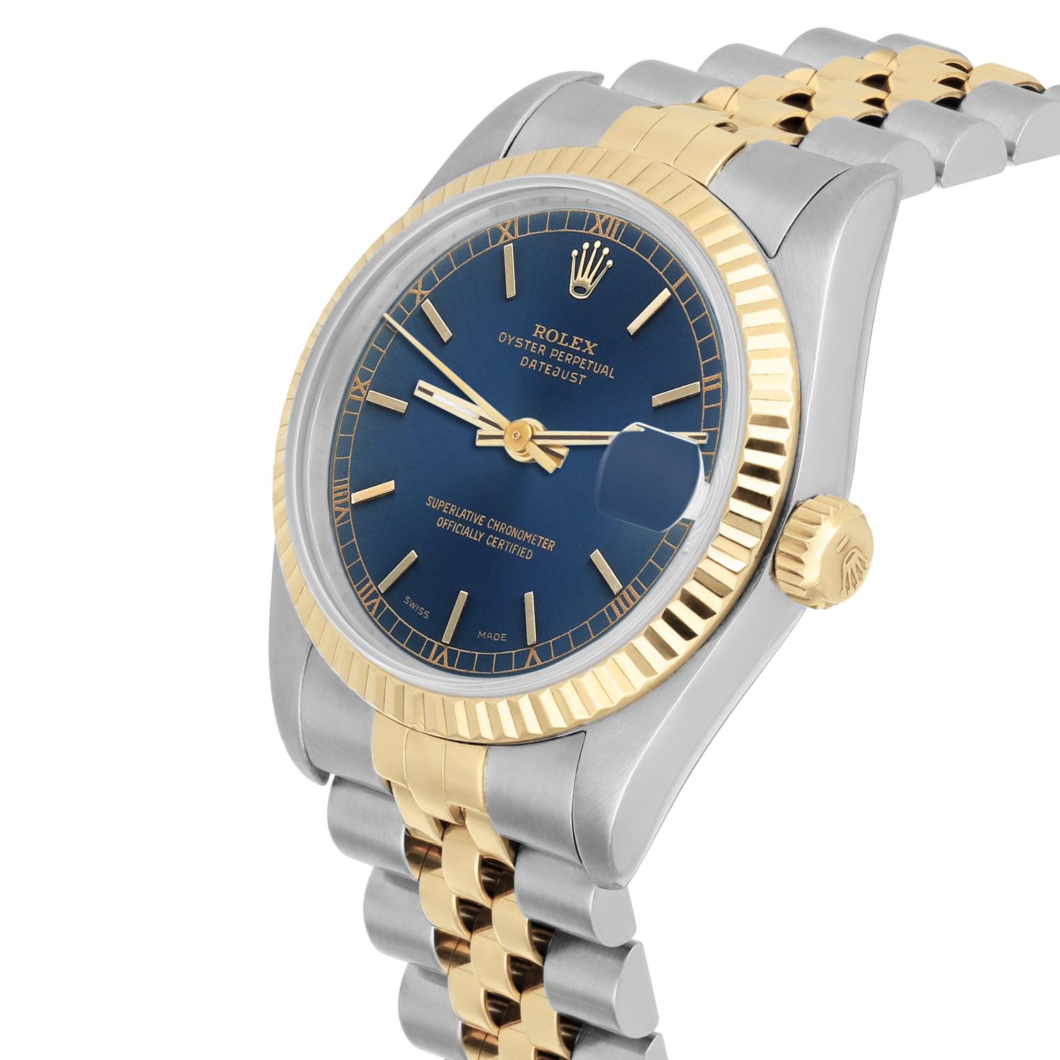 Rolex Datejust 31 68273 Blaue Stick Edelstahl/Gelbgolduhr Circa 1993 (Moderne)