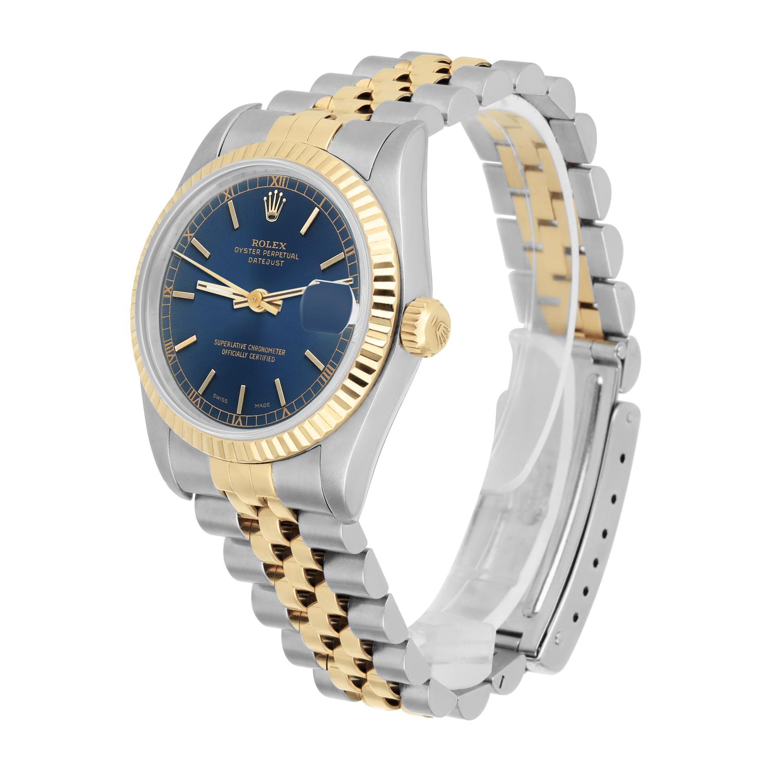 Rolex Datejust 31 68273 Blaue Stick Edelstahl/Gelbgolduhr Circa 1993 im Zustand „Hervorragend“ in New York, NY