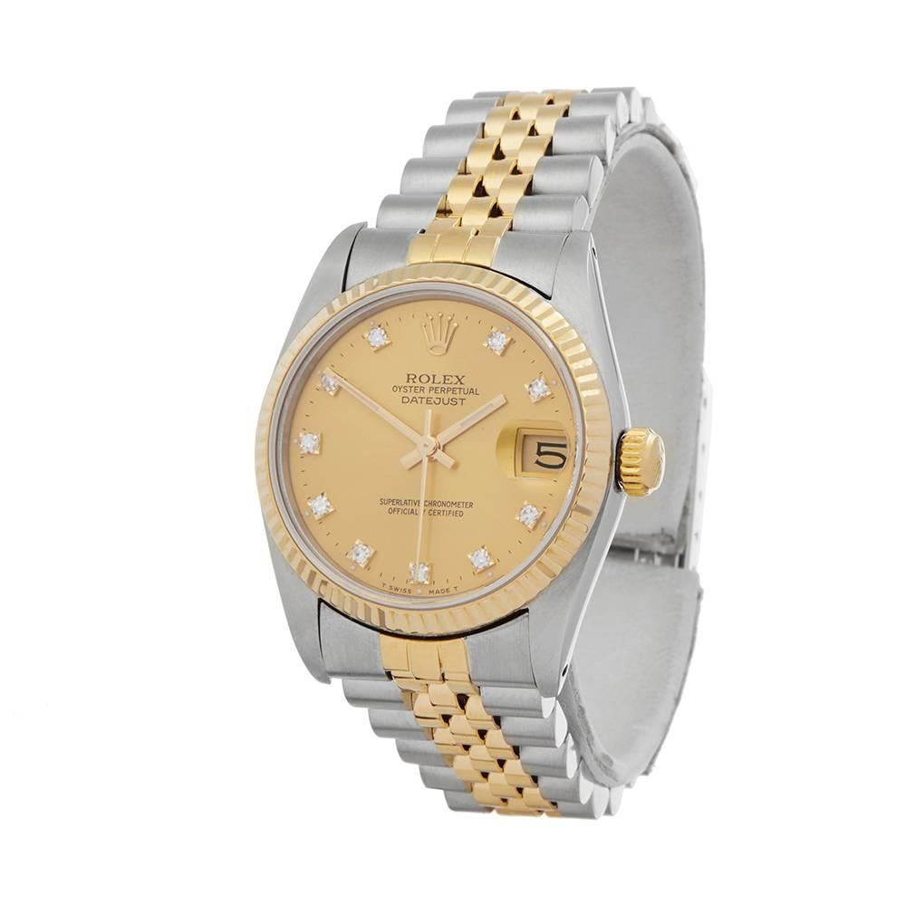Ref: W4757
Manufacturer: Rolex
Model: Datejust
Model Ref: 68273
Age: 1st October 1992
Gender: Ladies
Complete With: Xupes Presentation Box And Guarantee Only
Dial: Champagne Diamond Markers
Glass: Sapphire Crystal
Movement: Automatic
Water
