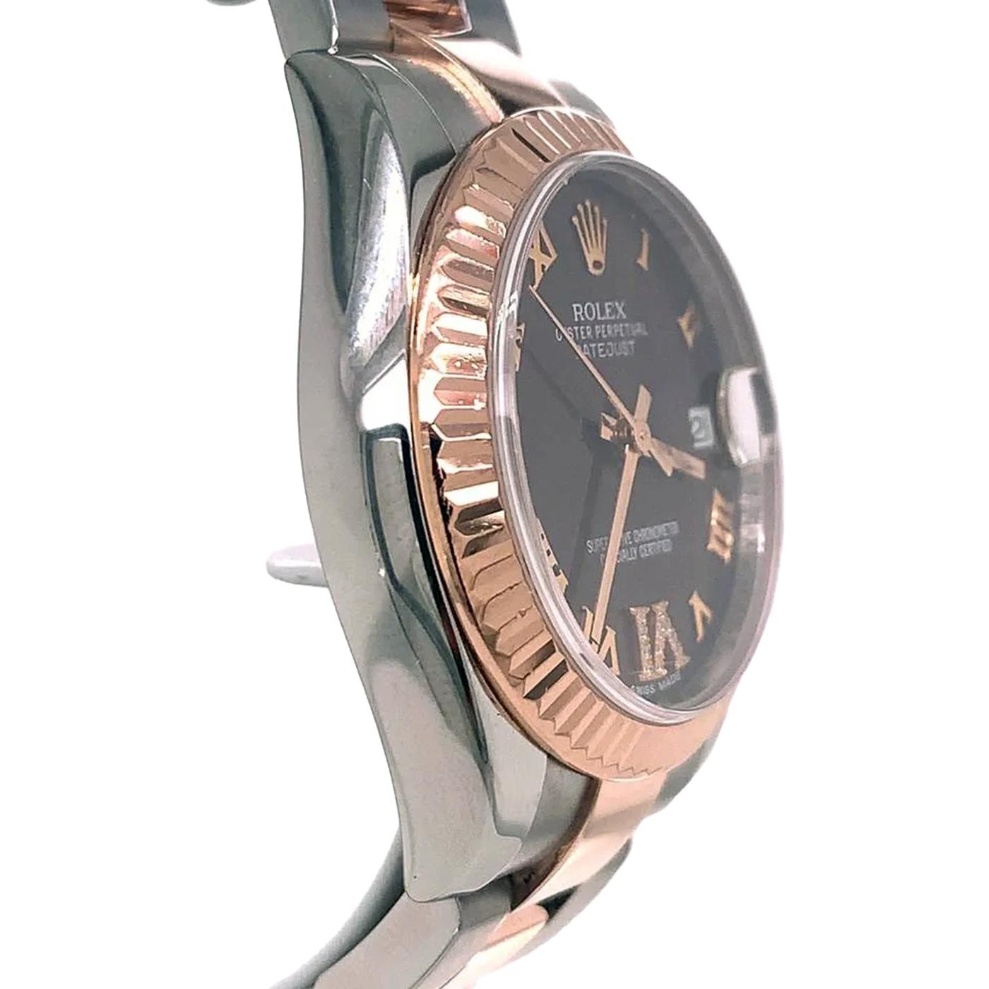 Modernist Rolex Datejust 31 Chocolate VI Diamond Dial Fluted Bezel Rose Gold Watch 178271 For Sale