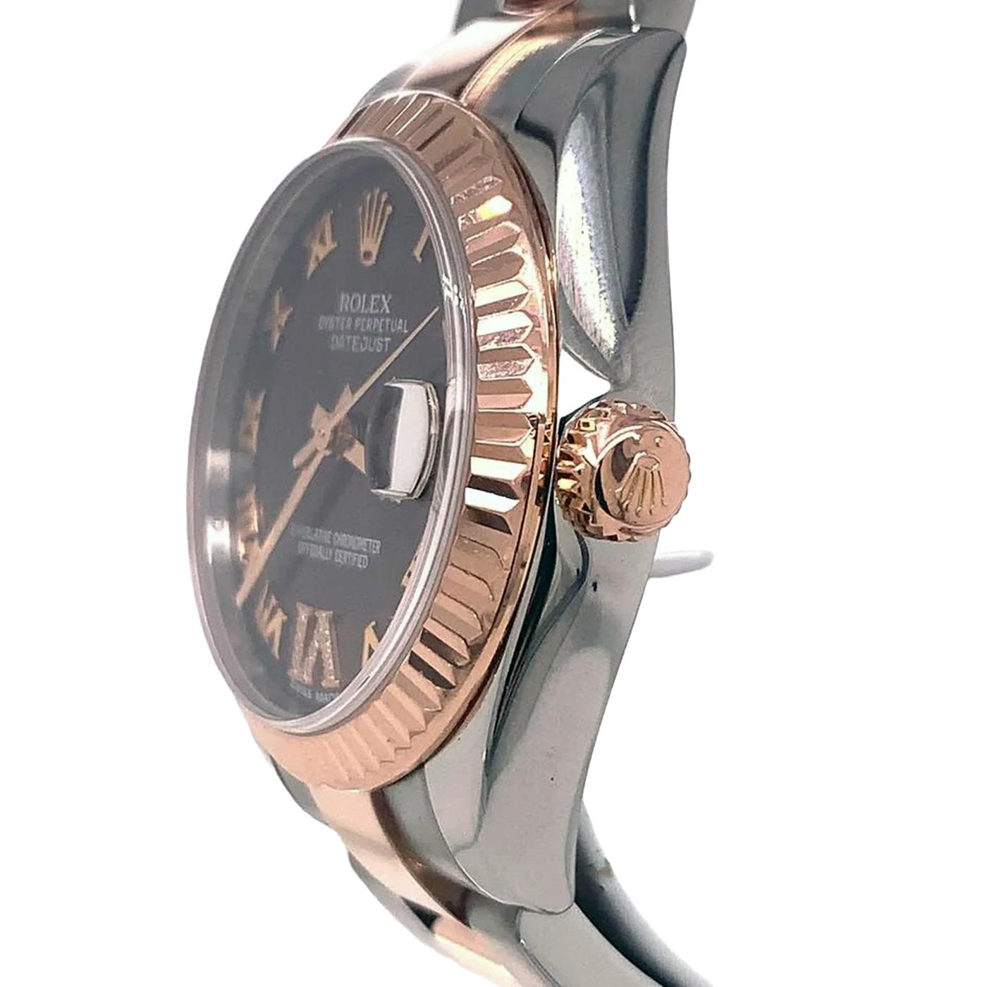 Round Cut Rolex Datejust 31 Chocolate VI Diamond Dial Fluted Bezel Rose Gold Watch 178271 For Sale