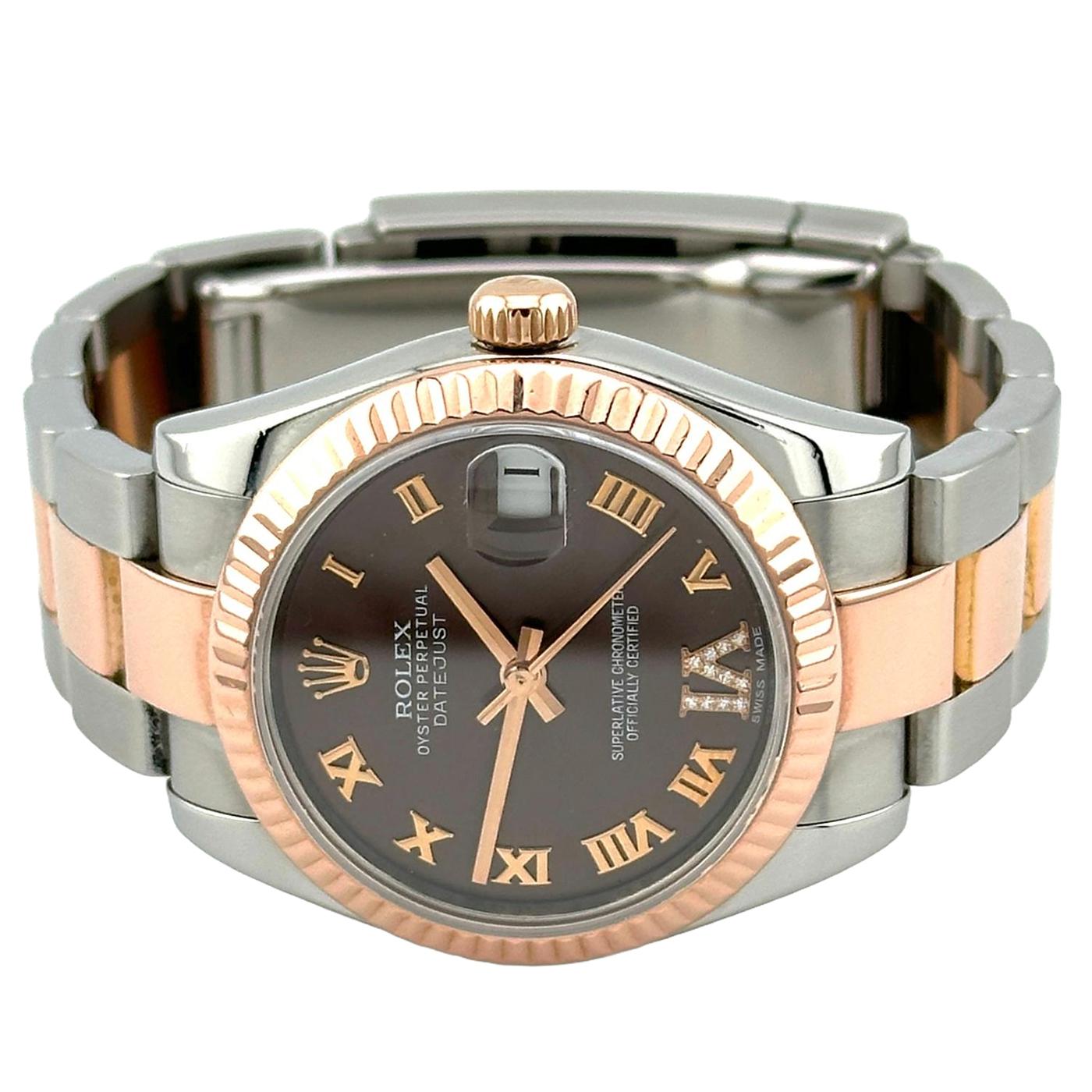 Rolex Datejust 31 Chocolate VI Diamond Dial Fluted Bezel Rose Gold Watch 178271 In Good Condition For Sale In Aventura, FL