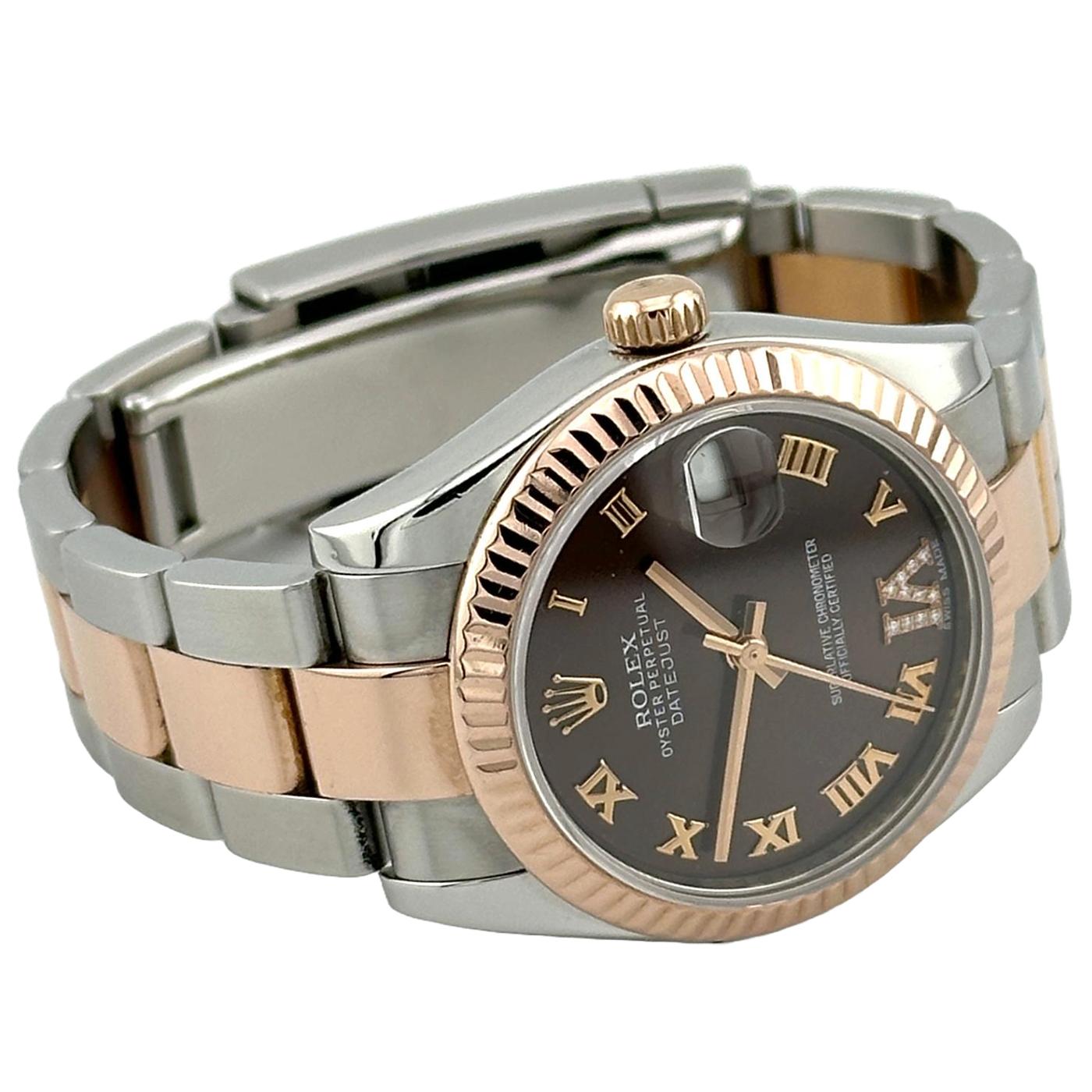 Women's or Men's Rolex Datejust 31 Chocolate VI Diamond Dial Fluted Bezel Rose Gold Watch 178271 For Sale