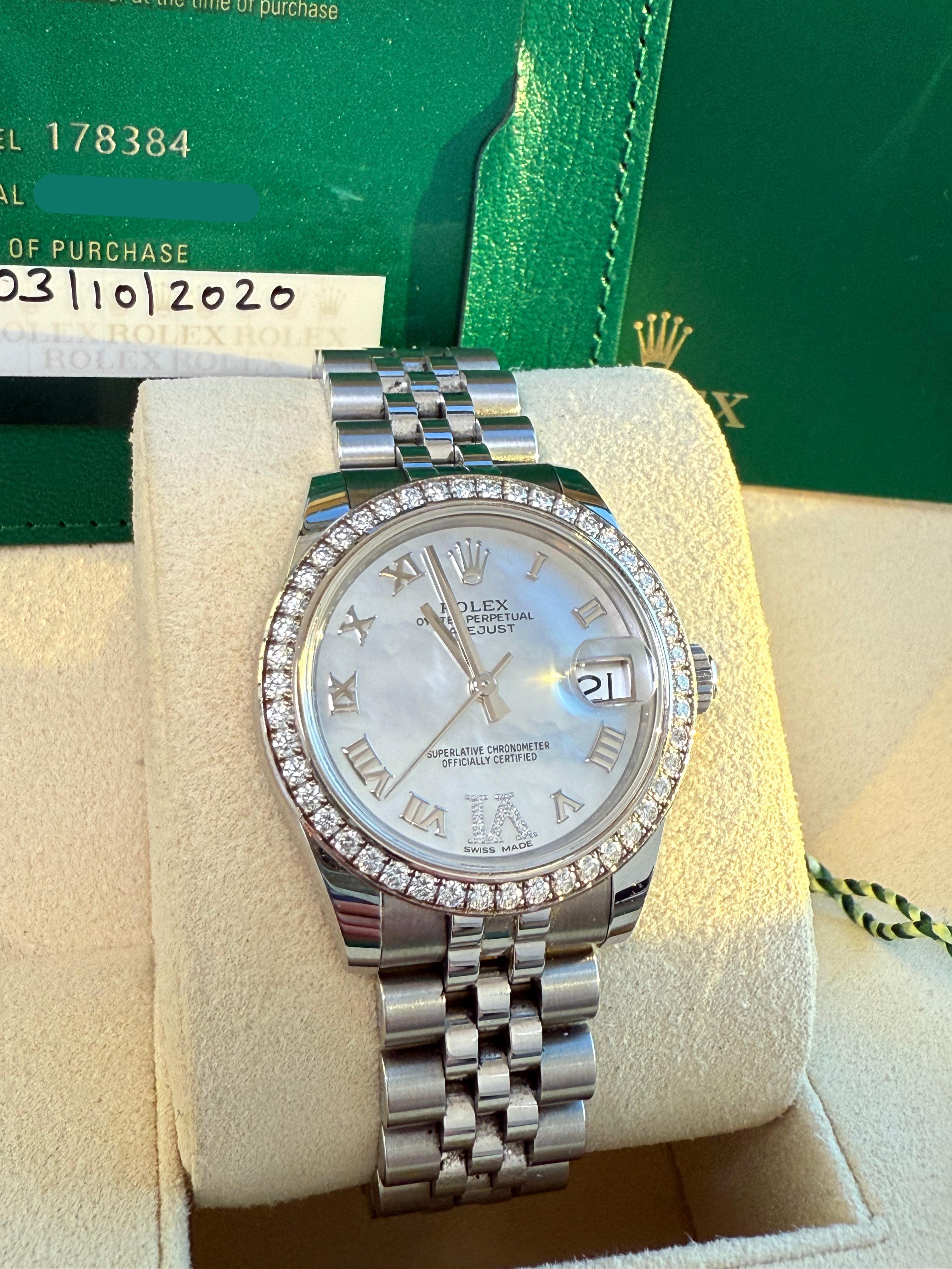 Rolex Datejust 31 Gold Stahl Perlmutt VI Diamant Zifferblatt Lünette Uhr 178384 im Zustand „Gut“ im Angebot in Aventura, FL