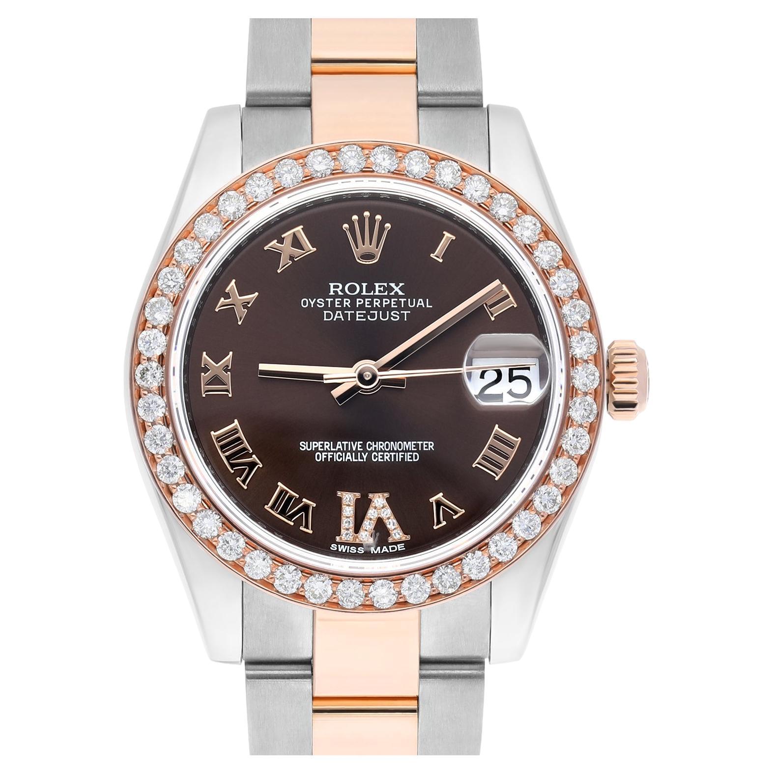 Rolex Datejust 31 Ladies 18k Rose Gold/Steel Watch Chocolate Roman Dial 178241 For Sale