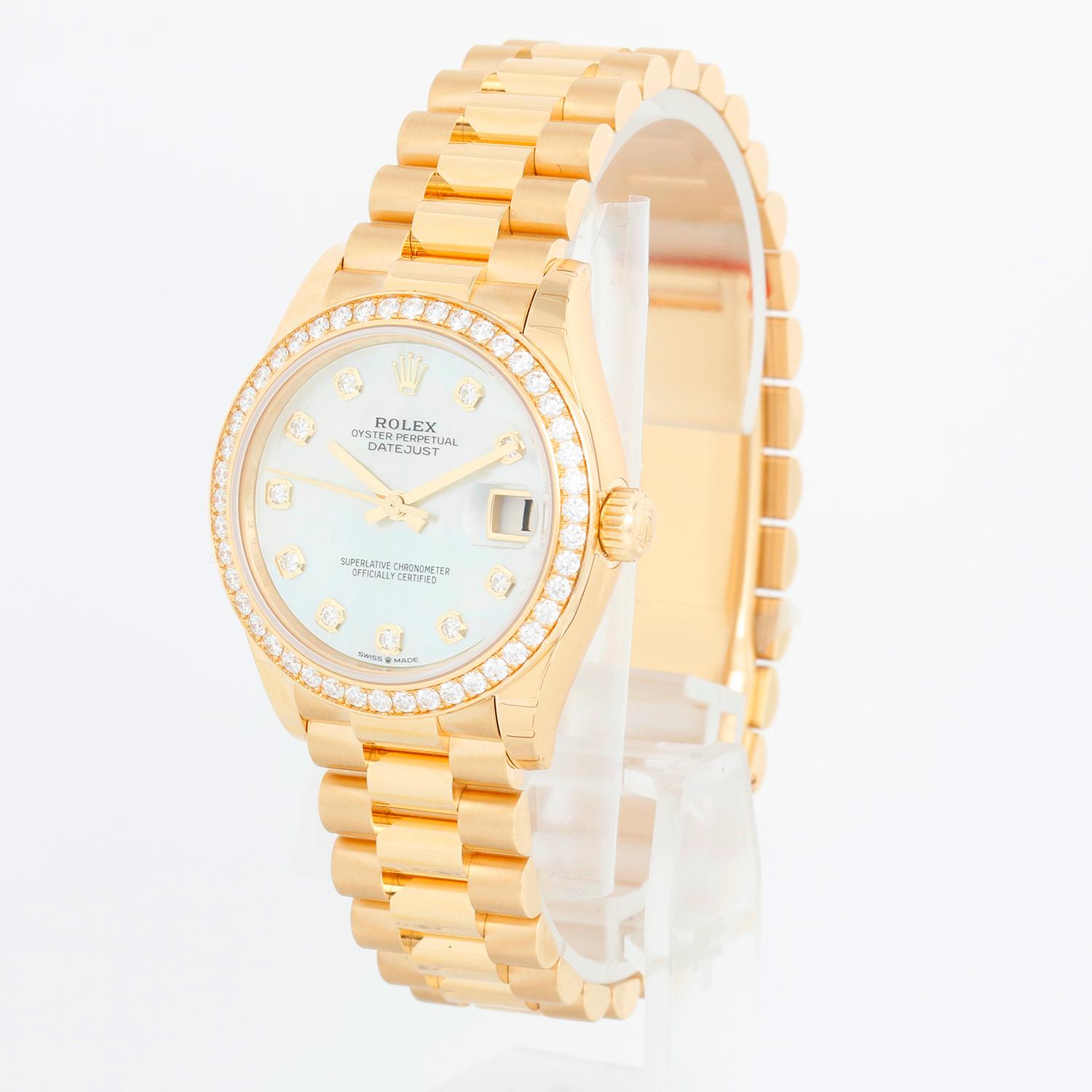 Rolex Datejust 31 Midsize 18K Yellow Gold Watch 278288RBR - Automatic winding; 31 jewel; sapphire crystal. 18k yellow gold with diamond bezel (31mm diameter). Rolex Mother of Pearl diamond dial. 18k yellow gold hidden-clasp President bracelet. Most