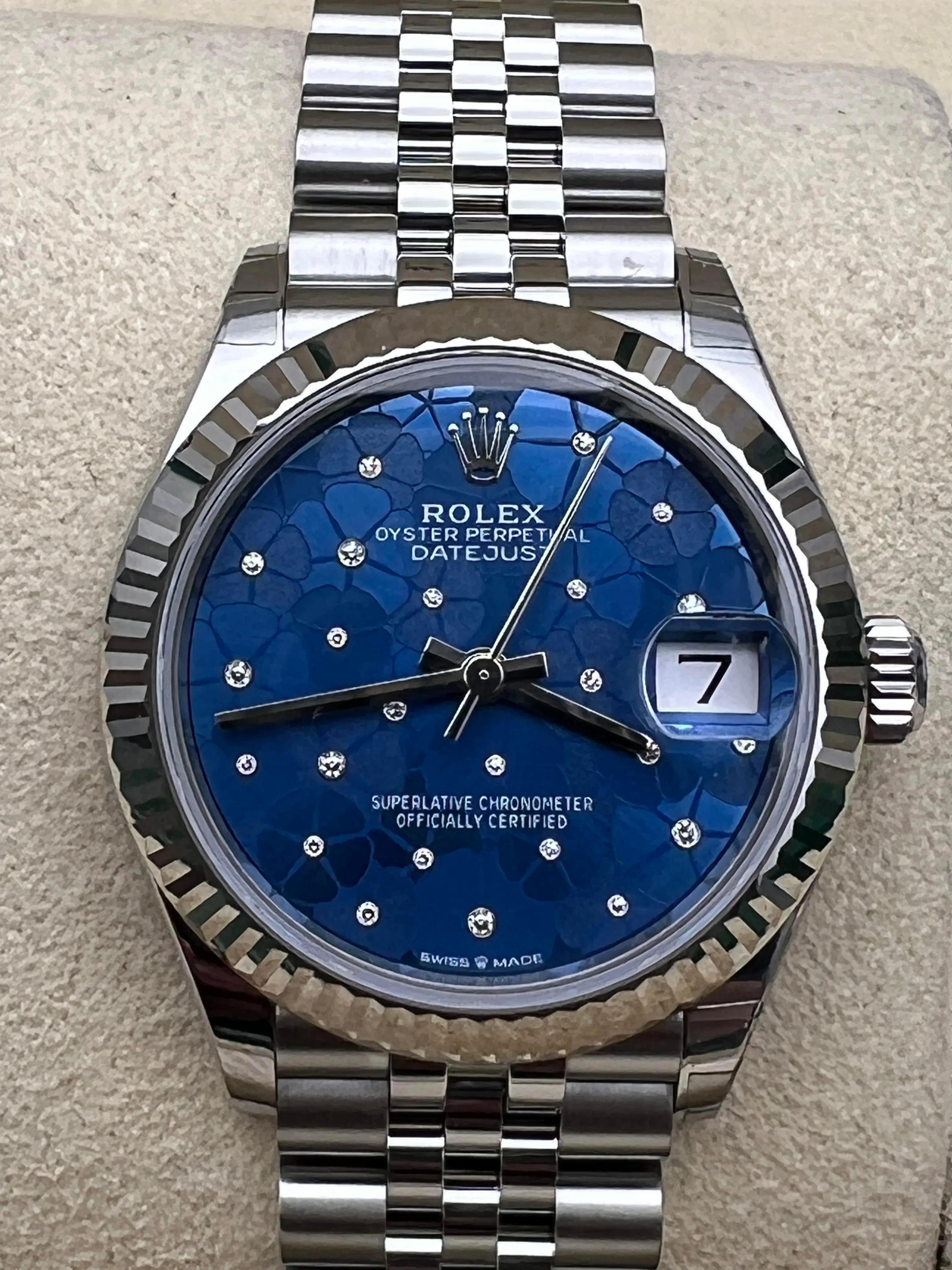 Taille ronde Rolex Datejust 31 Midsize 278274 18K cannelé à motif floral bleu et diamant Jubilee BP en vente