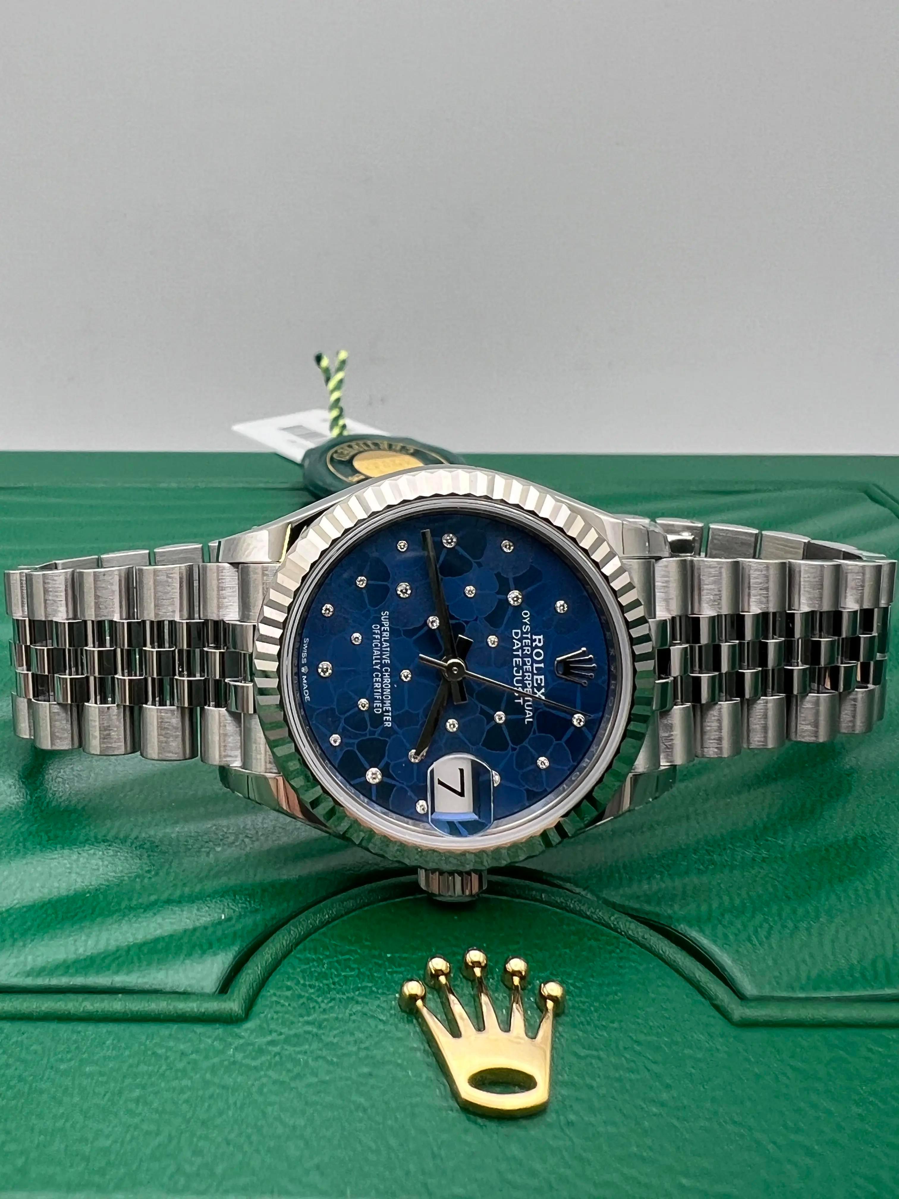 Rolex Datejust 31 Midsize 278274 18K cannelé à motif floral bleu et diamant Jubilee BP Excellent état - En vente à New York, NY