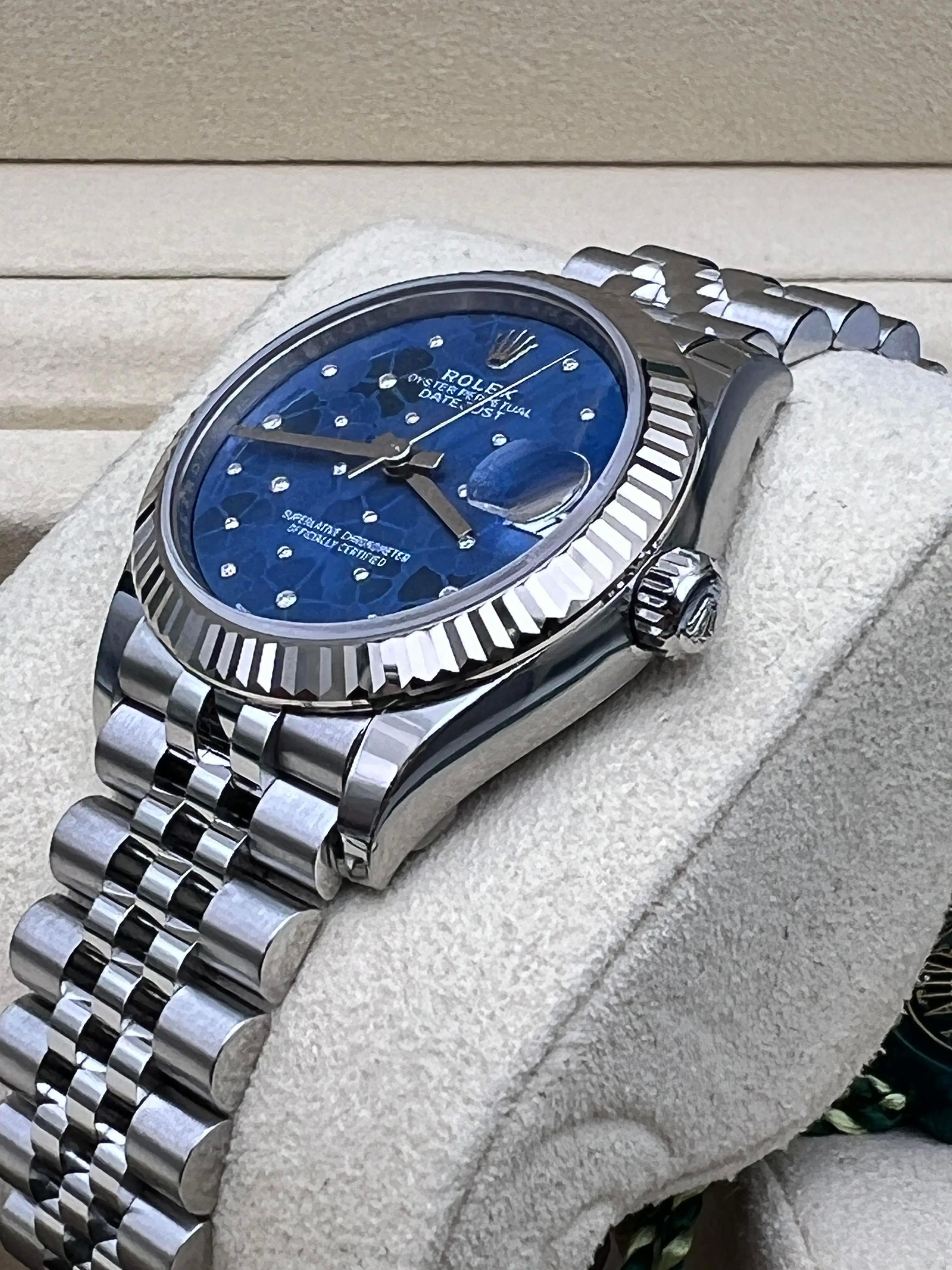 Rolex Datejust 31 Midsize 278274 18K cannelé à motif floral bleu et diamant Jubilee BP en vente 1