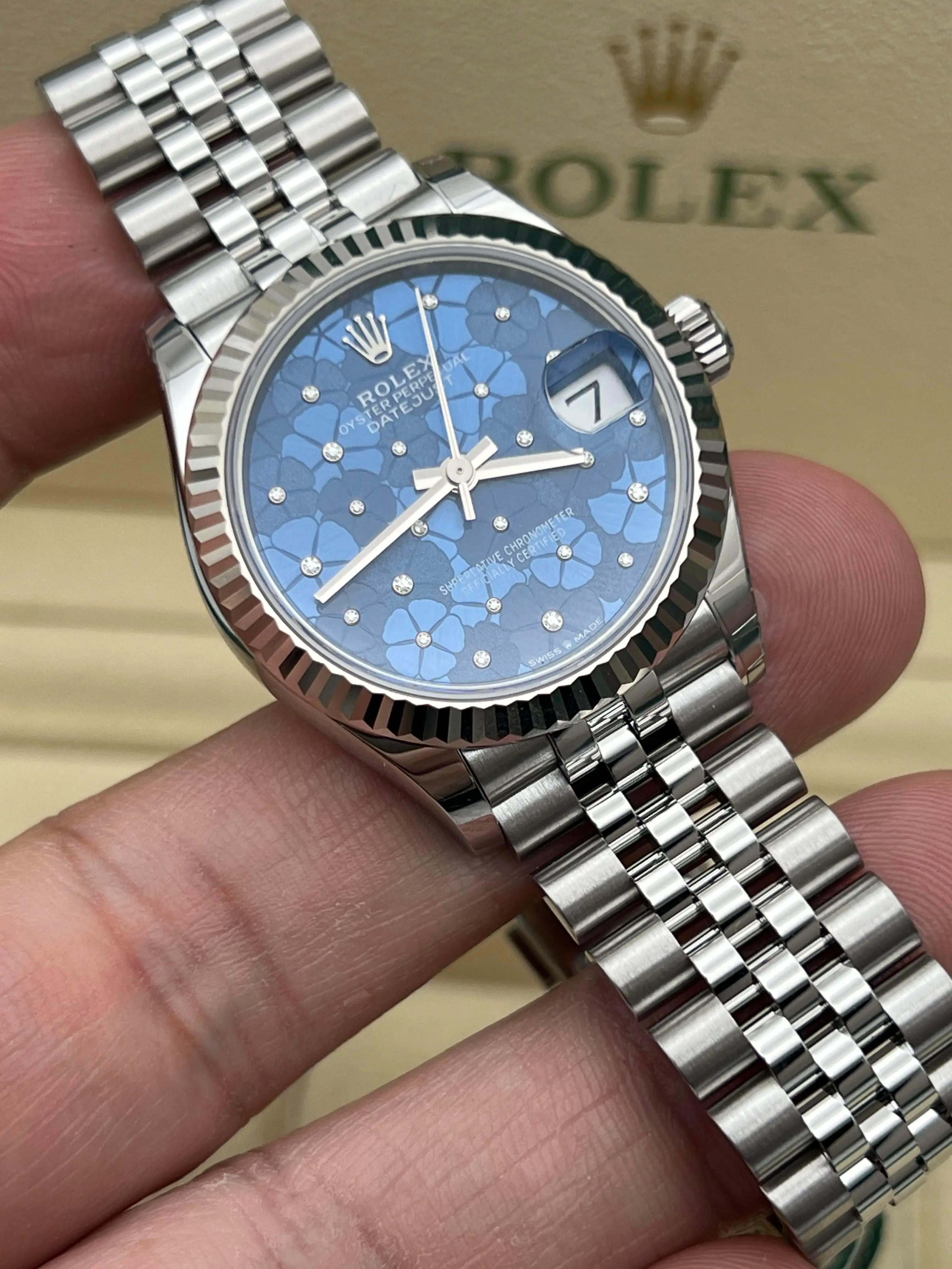 Rolex Datejust 31 Midsize 278274 18K cannelé à motif floral bleu et diamant Jubilee BP en vente 3