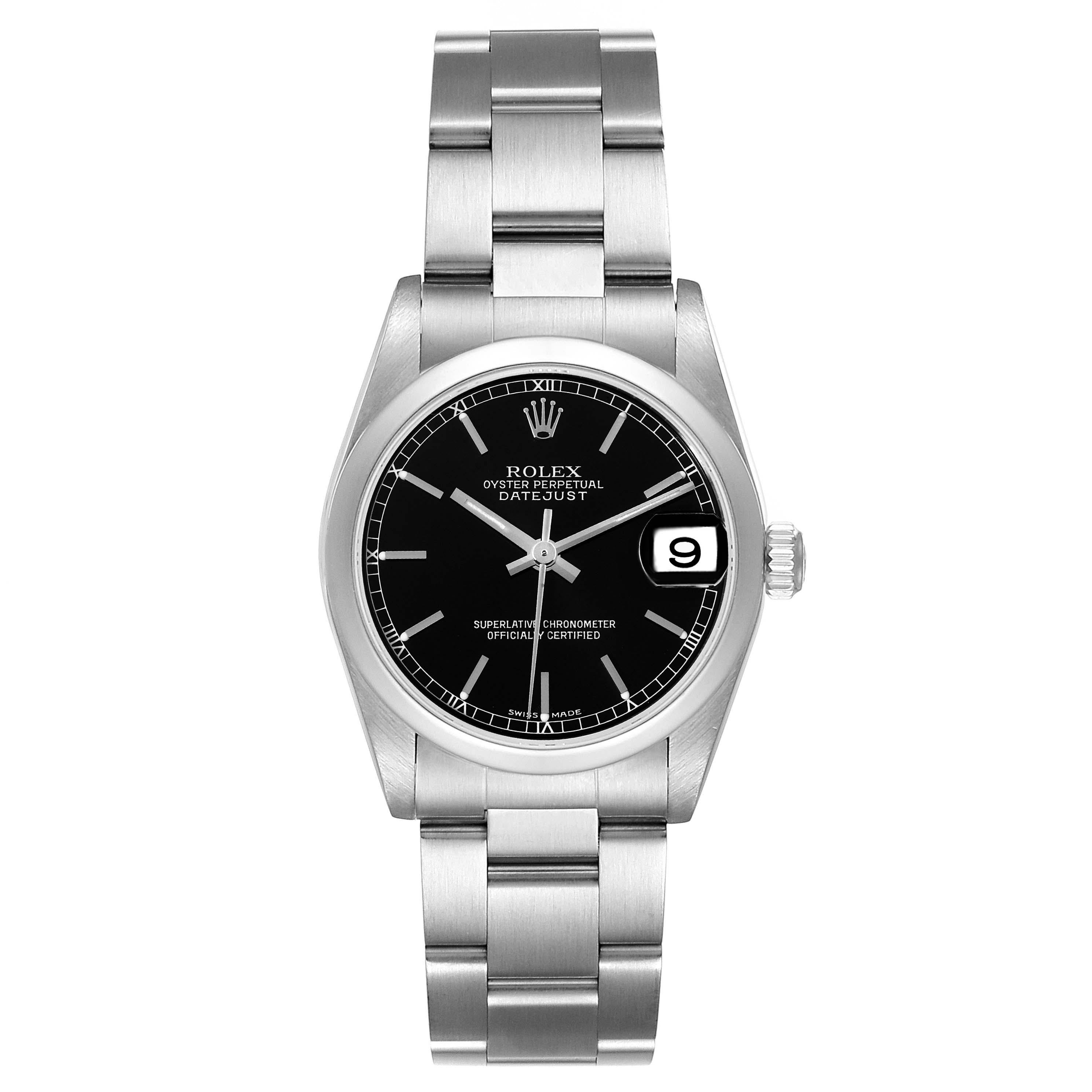 Rolex Datejust 31 Midsize Black Dial Steel Ladies Watch 78240 Box Papers. Mouvement automatique à remontage automatique, officiellement certifié chronomètre, avec fonction de date rapide. Boîtier oyster en acier inoxydable de 31.0 mm de diamètre.