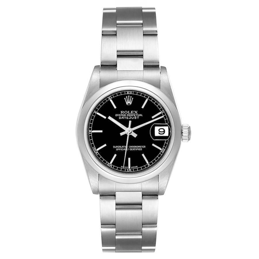 Rolex Datejust 31 Midsize Schwarzes Zifferblatt Stahl Damenuhr 78240. Offiziell zertifiziertes Chronometerwerk mit automatischem Aufzug und Datumsschnellverstellung. Austerngehäuse aus Edelstahl mit einem Durchmesser von 31,0 mm. Rolex Logo auf der