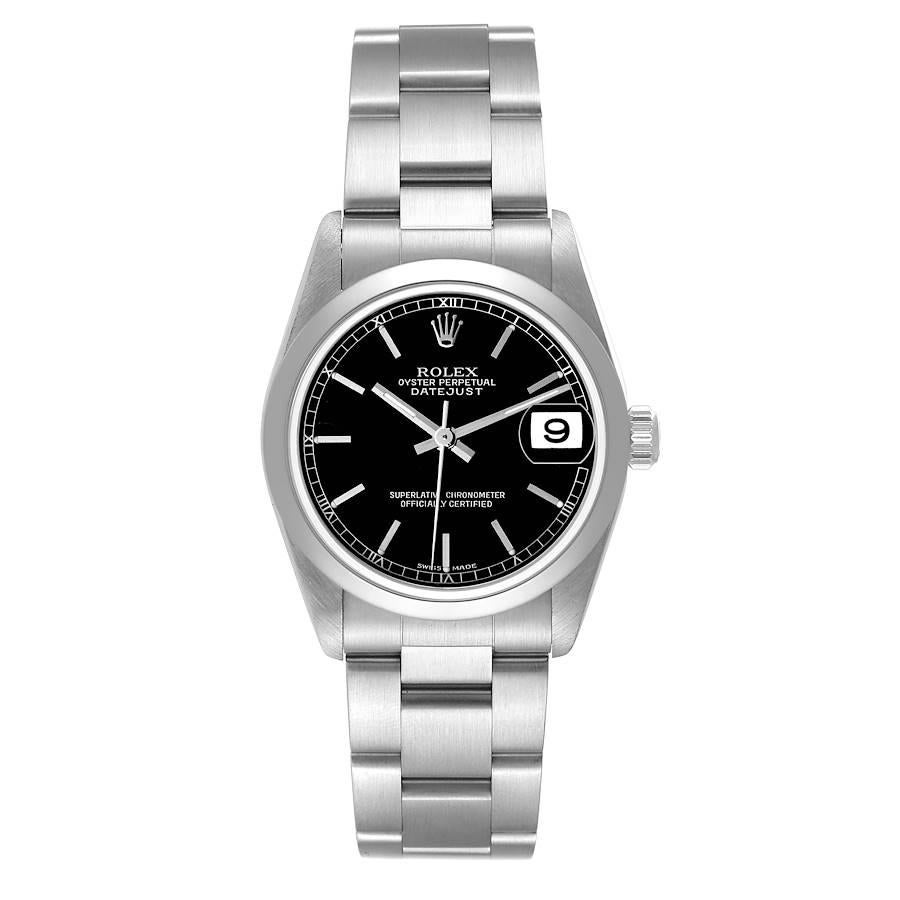 Rolex Datejust 31 Midsize Black Dial Steel Ladies Watch 78240. Officially certified chronometer automatic self-winding movement with quickset date function. Stainless steel oyster case 31.0 mm in diameter. Rolex logo on the crown. Stainless steel