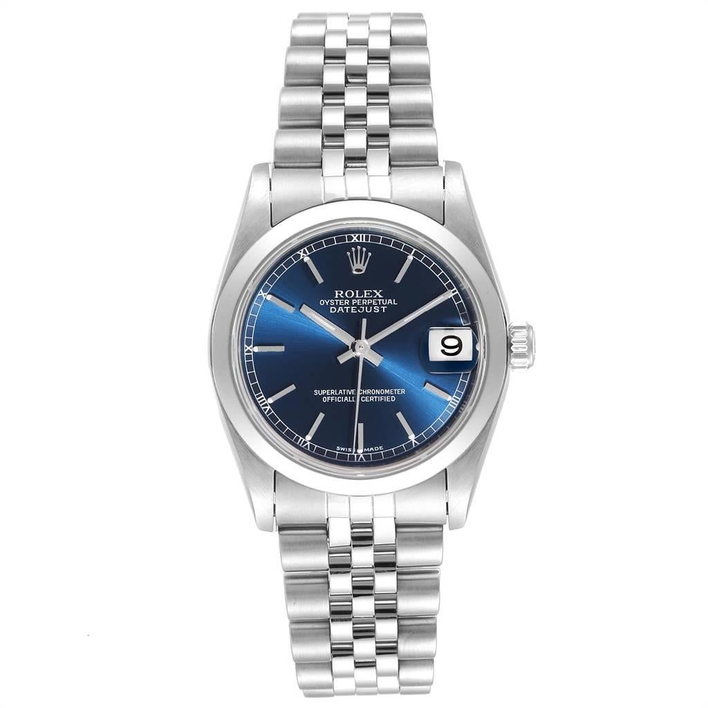 Rolex Datejust 31 Midsize Blue Dial Steel Ladies Watch 78240. Officially certified chronometer self-winding movement. Stainless steel oyster case 31 mm in diameter. Rolex logo on a crown. Stainless steel smooth domed bezel. Scratch resistant