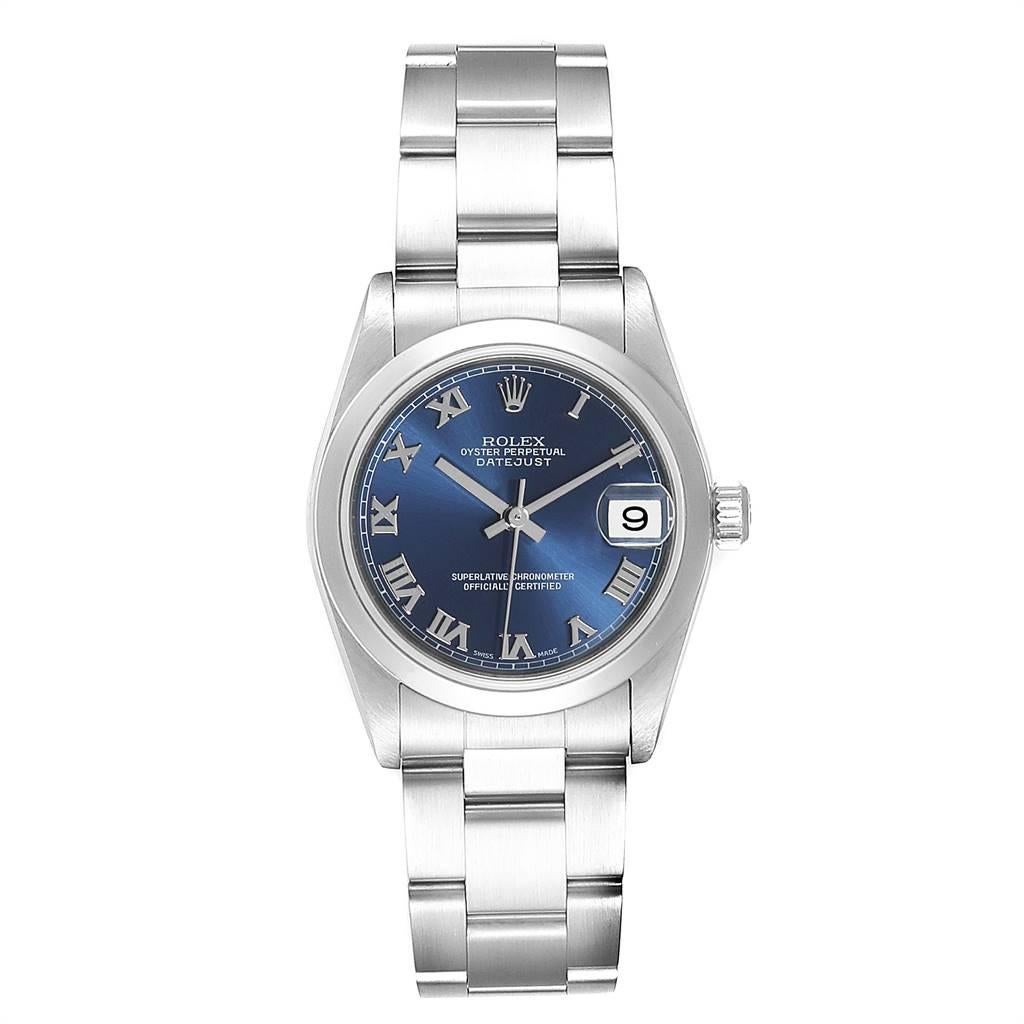 Rolex Datejust 31 Midsize Blue Dial Steel Ladies Watch 78240. Officially certified chronometer self-winding movement. Stainless steel oyster case 31 mm in diameter. Rolex logo on a crown. Stainless steel smooth domed bezel. Scratch resistant