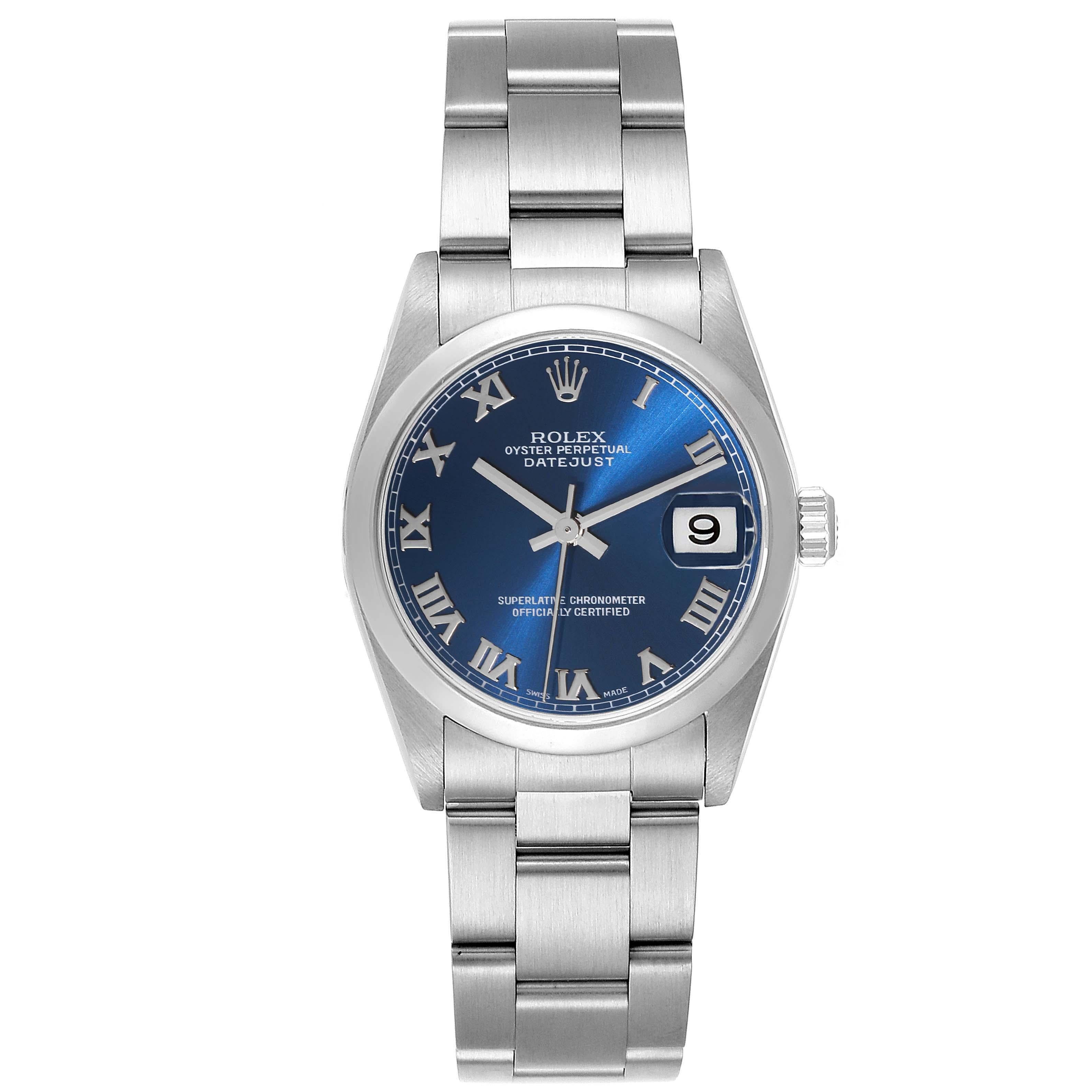Rolex Datejust 31 Midsize Blue Roman Dial Steel Ladies Watch 78240. Officially certified chronometer automatic self-winding movement. Stainless steel oyster case 31 mm in diameter. Rolex logo on a crown. Stainless steel smooth domed bezel. Scratch