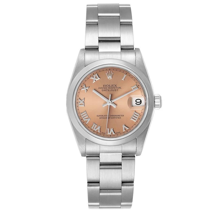 Rolex Datejust 31 Midsize Salmon Dial Ladies Watch 78240. Officially certified chronometer self-winding movement. Stainless steel oyster case 31 mm in diameter. Rolex logo on a crown. Stainless steel smooth domed bezel. Scratch resistant sapphire