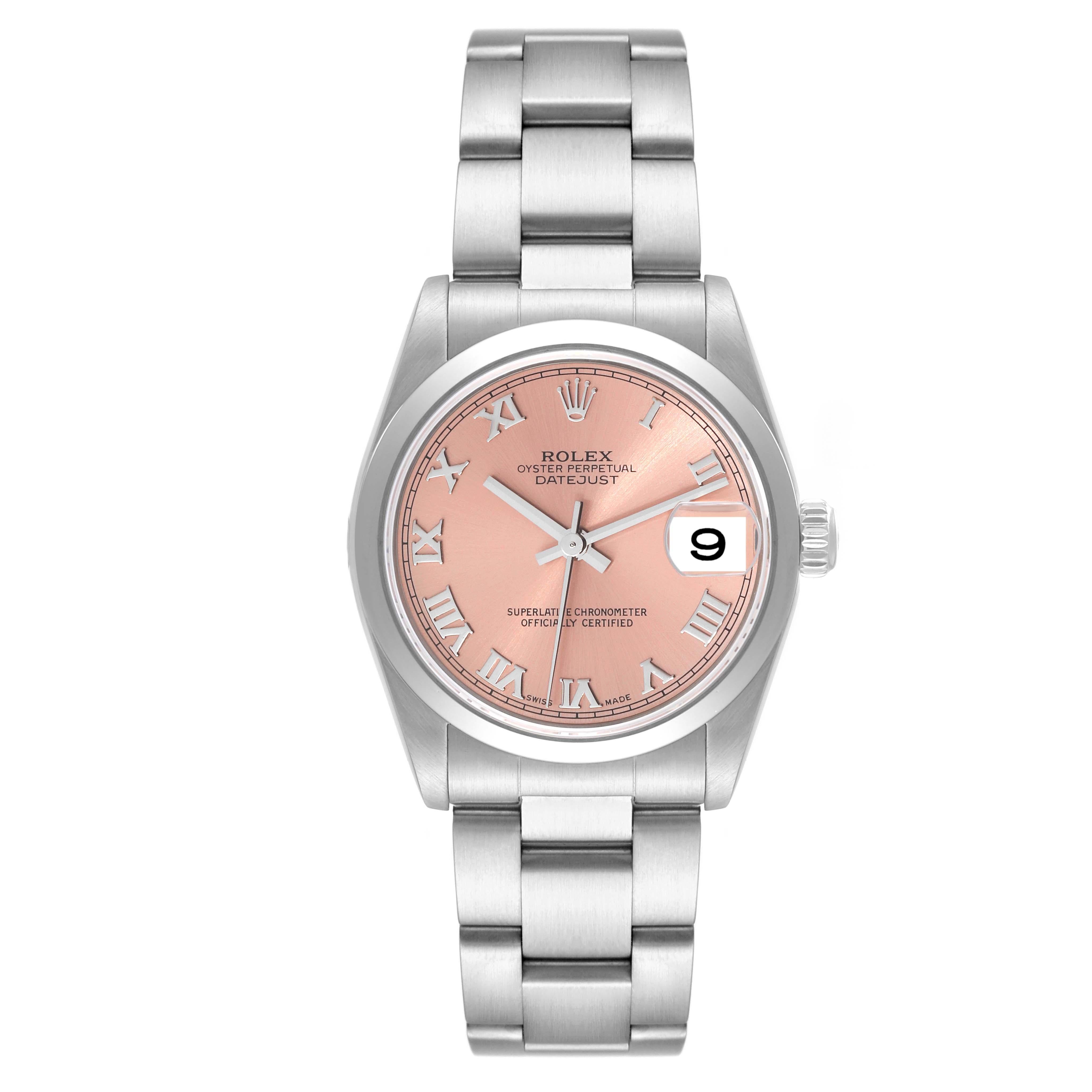 Rolex Datejust 31 Midsize Salmon Dial Steel Ladies Watch 78240 Box Papers. Officially certified chronometer automatic self-winding movement. Stainless steel oyster case 31 mm in diameter. Rolex logo on a crown. Stainless steel smooth domed bezel.