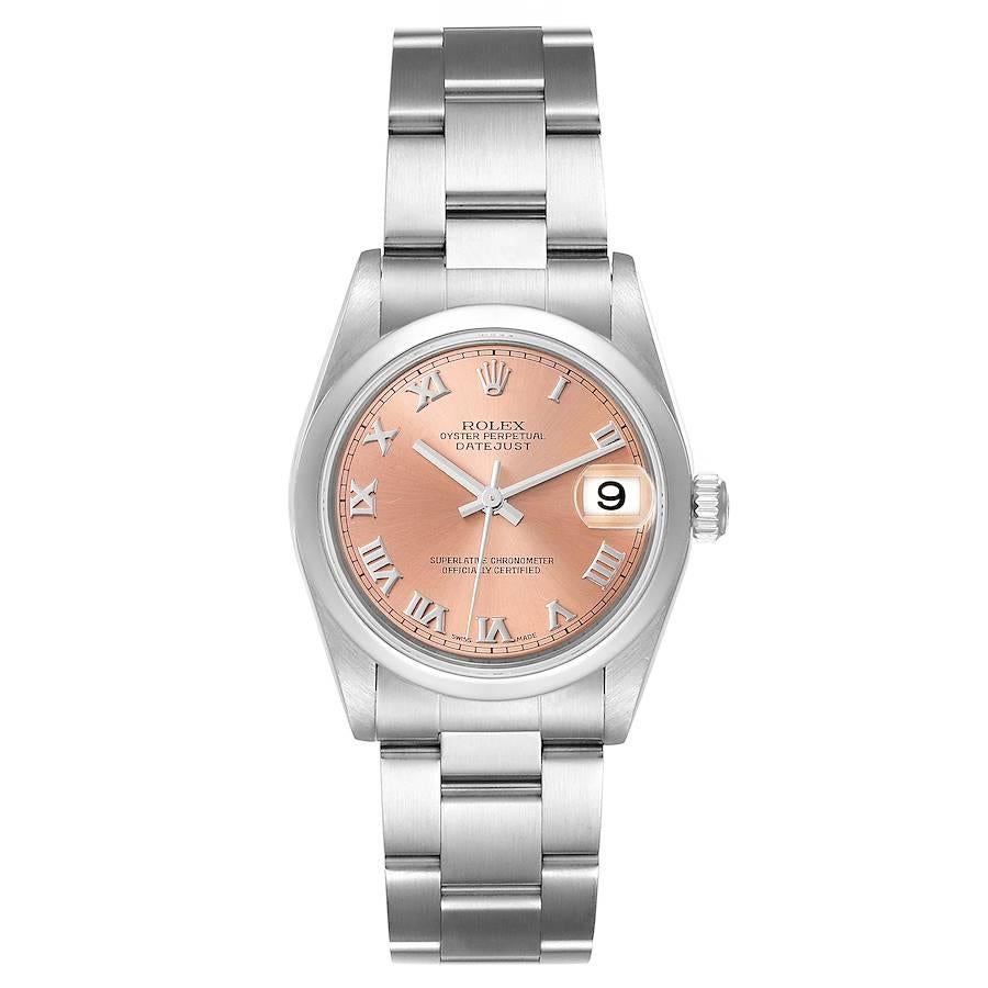 Rolex Datejust 31 Midsize Salmon Dial Steel Ladies Watch 78240 Papers. Officially certified chronometer self-winding movement. Stainless steel oyster case 31 mm in diameter. Rolex logo on a crown. Stainless steel smooth domed bezel. Scratch