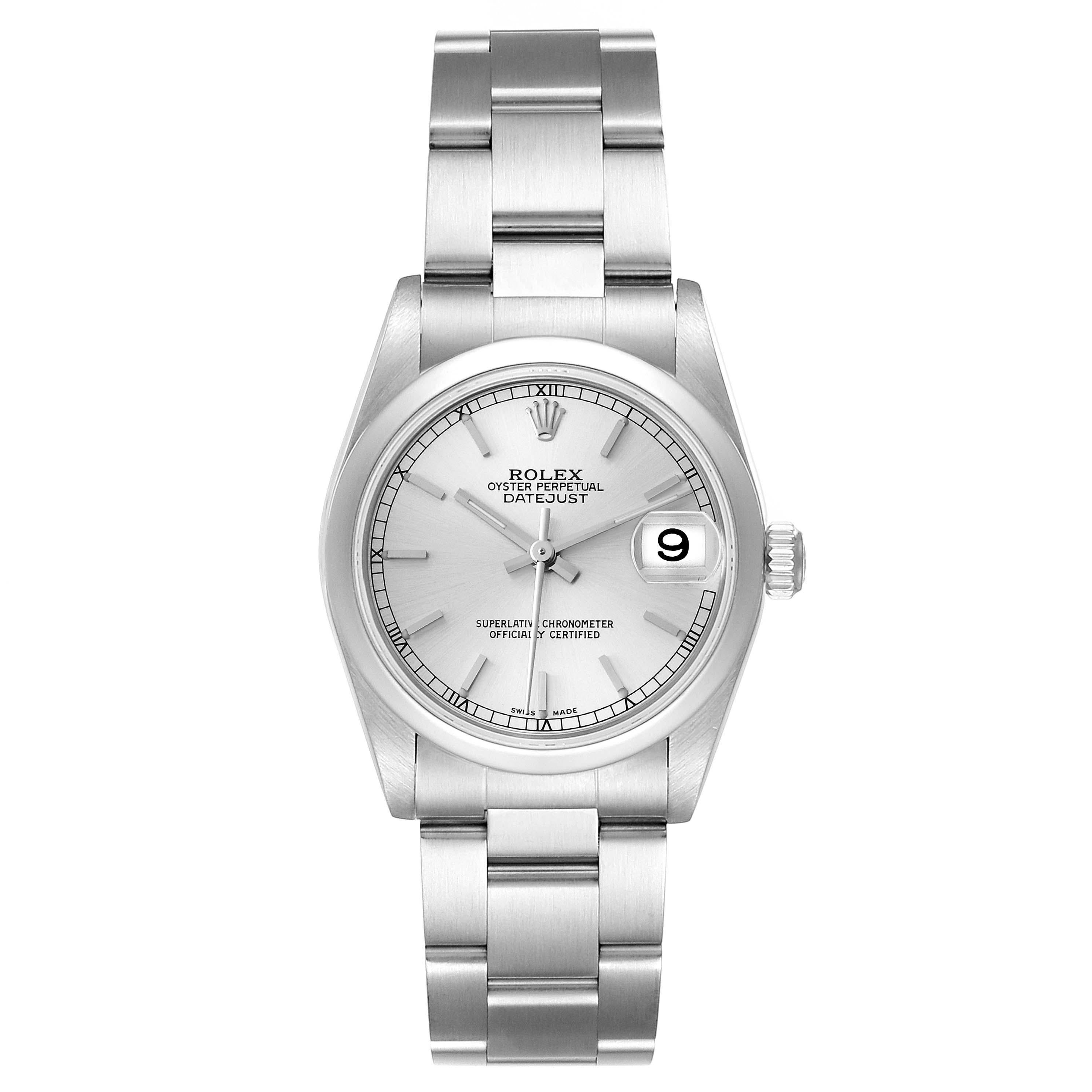 Rolex Datejust 31 Midsize Silver Dial Steel Ladies Watch 78240 Box Papers. Officially certified chronometer self-winding movement. Stainless steel oyster case 31.0 mm in diameter. Rolex logo on a crown. Stainless steel smooth domed bezel. Scratch