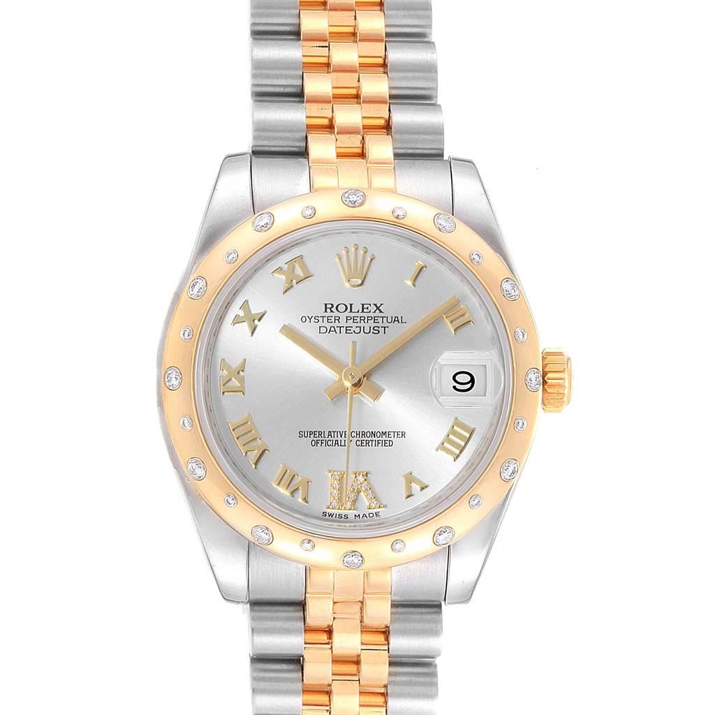 Rolex Datejust 31 Midsize Steel 18K Yellow Gold Diamond Watch 178343. Officially certified chronometer self-winding movement with quickset date function. Stainless steel and 18K yellow gold oyster case 31.0 mm in diameter. Rolex logo on a crown.