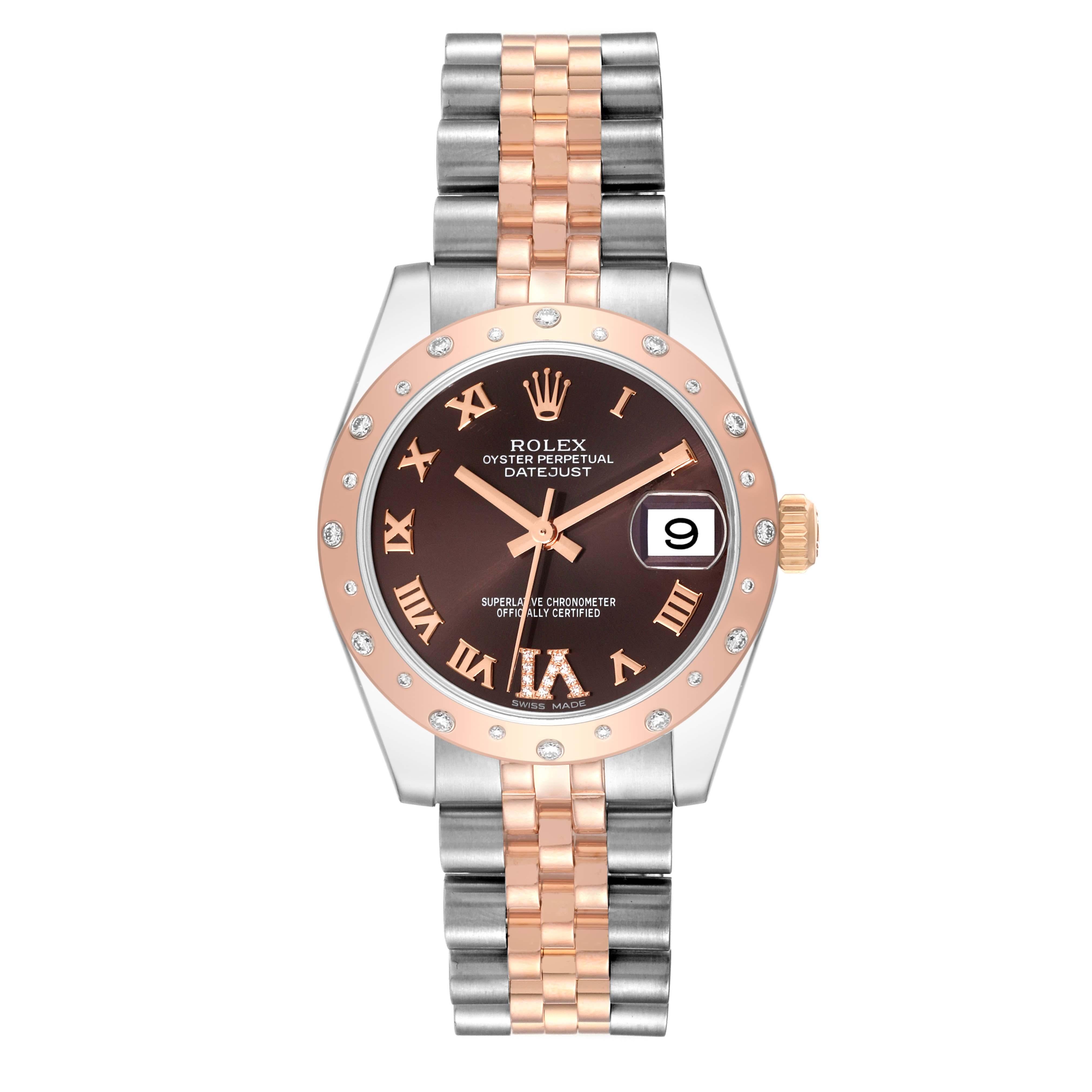 Rolex Datejust 31 Midsize Steel Everose Gold Chocolate Dial Diamond Watch 178341. Officially certified chronometer self-winding movement with quickset date function. Stainless steel and 18K rose gold oyster case 31 mm in diameter. Rolex logo on a