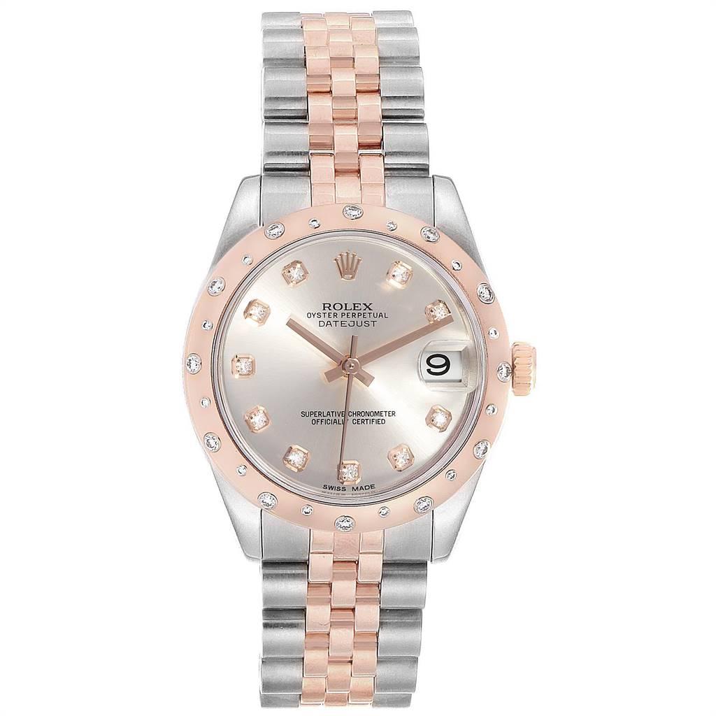 Rolex Datejust 31 Midsize Steel Everose Gold Diamond Ladies Watch 178341. Officially certified chronometer automatic self-winding movement. Stainless steel and 18K rose gold oyster case 31 mm in diameter. Rolex logo on a crown. 18K rose gold smooth