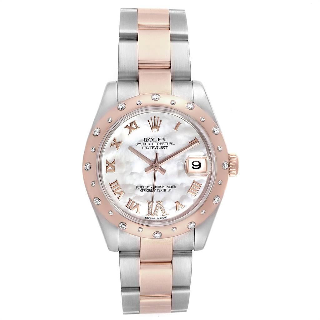 Rolex Datejust 31 Midsize Steel Everose Gold Diamond Ladies Watch 178341. Officially certified chronometer self-winding movement. Stainless steel and 18K rose gold oyster case 31 mm in diameter. Rolex logo on a crown. 18K rose gold smooth domed
