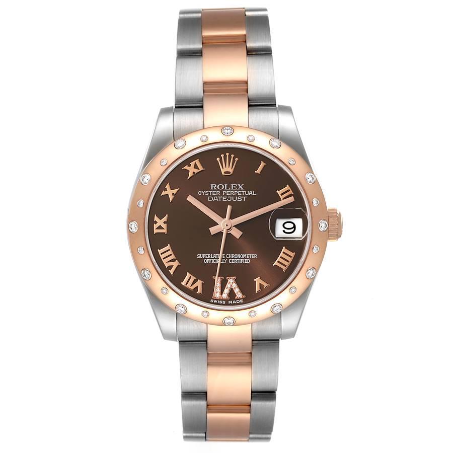 Rolex Datejust 31 Midsize Steel Everose Gold Diamond Watch 178341 Box Card. Officially certified chronometer self-winding movement with quickset date function. Stainless steel and 18K rose gold oyster case 31 mm in diameter. Rolex logo on a crown.