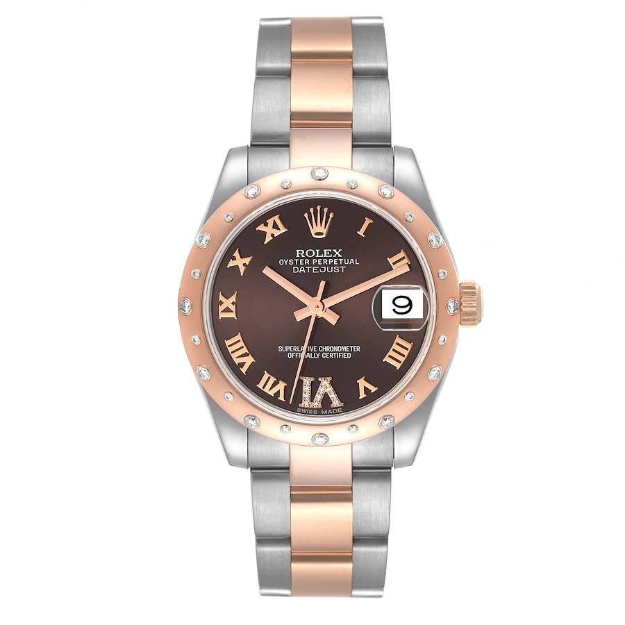 Rolex Datejust 31 Midsize Steel Everose Gold Diamond Watch 178341. Officially certified chronometer self-winding movement with quickset date function. Stainless steel and 18K rose gold oyster case 31 mm in diameter. Rolex logo on a crown. 18K rose