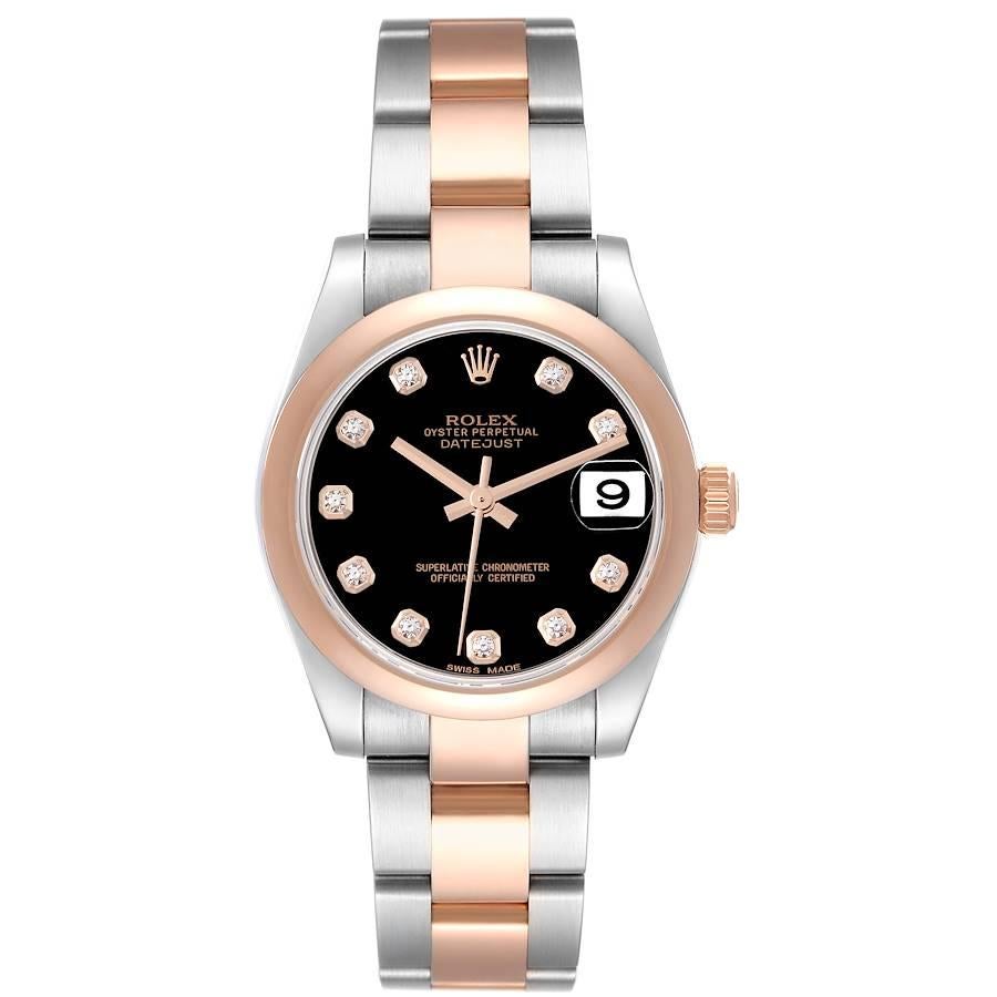 Rolex Datejust 31 Midsize Steel Rose Gold Black Diamond Dial Ladies Watch 178241. Officially certified chronometer self-winding movement. Stainless steel and rose gold oyster case 31.0 mm in diameter. Rolex logo on a crown. 18k rose gold smooth