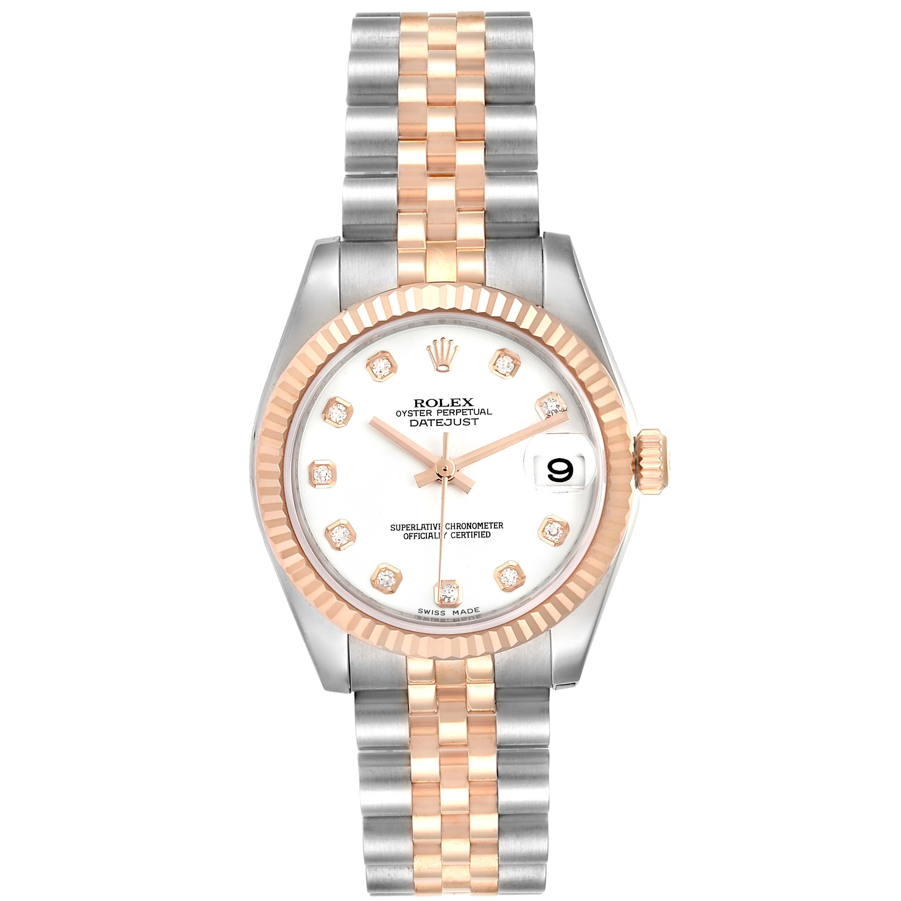 Rolex Datejust 31 Midsize Steel Rose Gold Diamond Ladies Watch 178271. Officially certified chronometer self-winding movement. Stainless steel oyster case 31 mm in diameter. Rolex logo on 18K rose gold crown. 18k rose gold fluted bezel. Scratch
