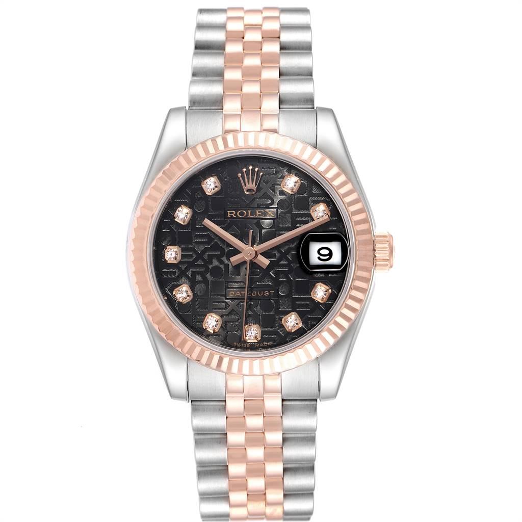 Rolex Datejust 31 Midsize Steel Rose Gold Diamond Ladies Watch 178271. Officially certified chronometer self-winding movement. Stainless steel oyster case 31 mm in diameter. Rolex logo on 18K rose gold crown. 18k rose gold fluted bezel. Scratch