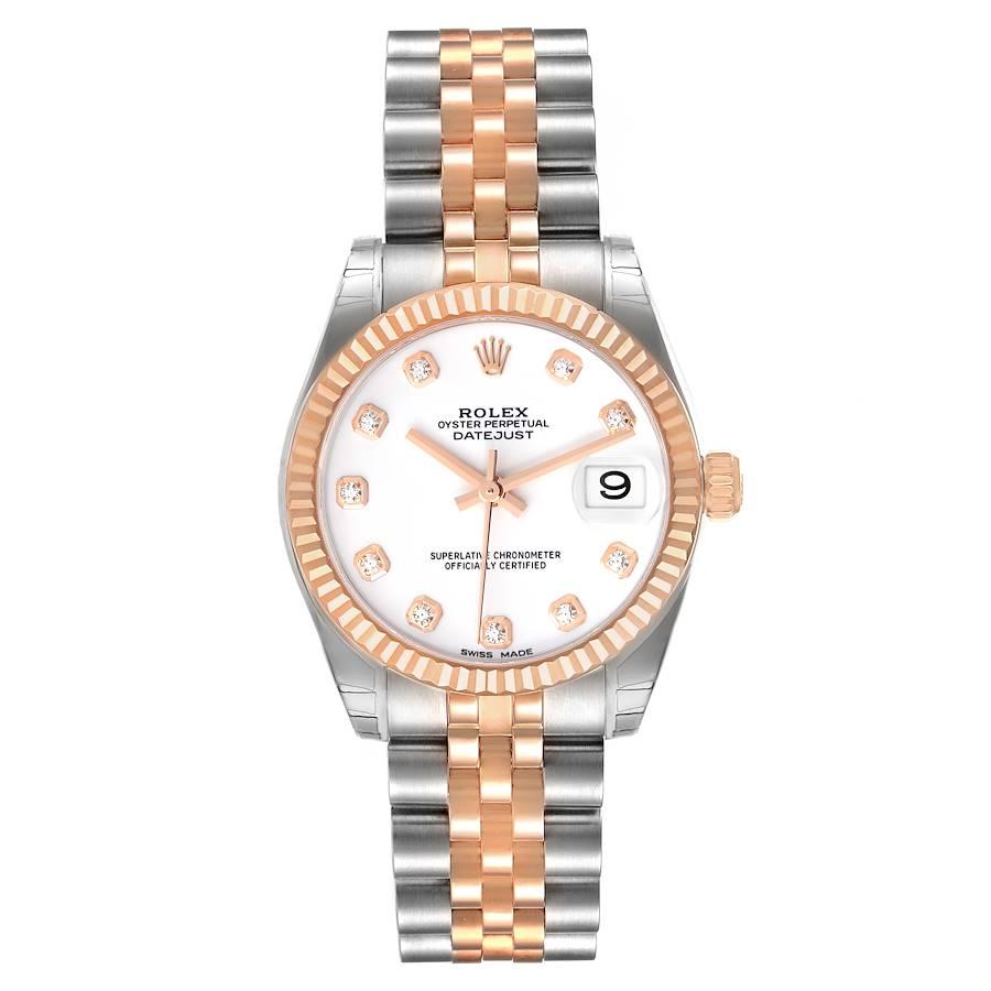 Rolex Datejust 31 Midsize Steel Rose Gold Diamond Ladies Watch 178271 Unworn. Officially certified chronometer self-winding movement. Stainless steel oyster case 31 mm in diameter. Rolex logo on 18K rose gold crown. 18k rose gold fluted bezel.