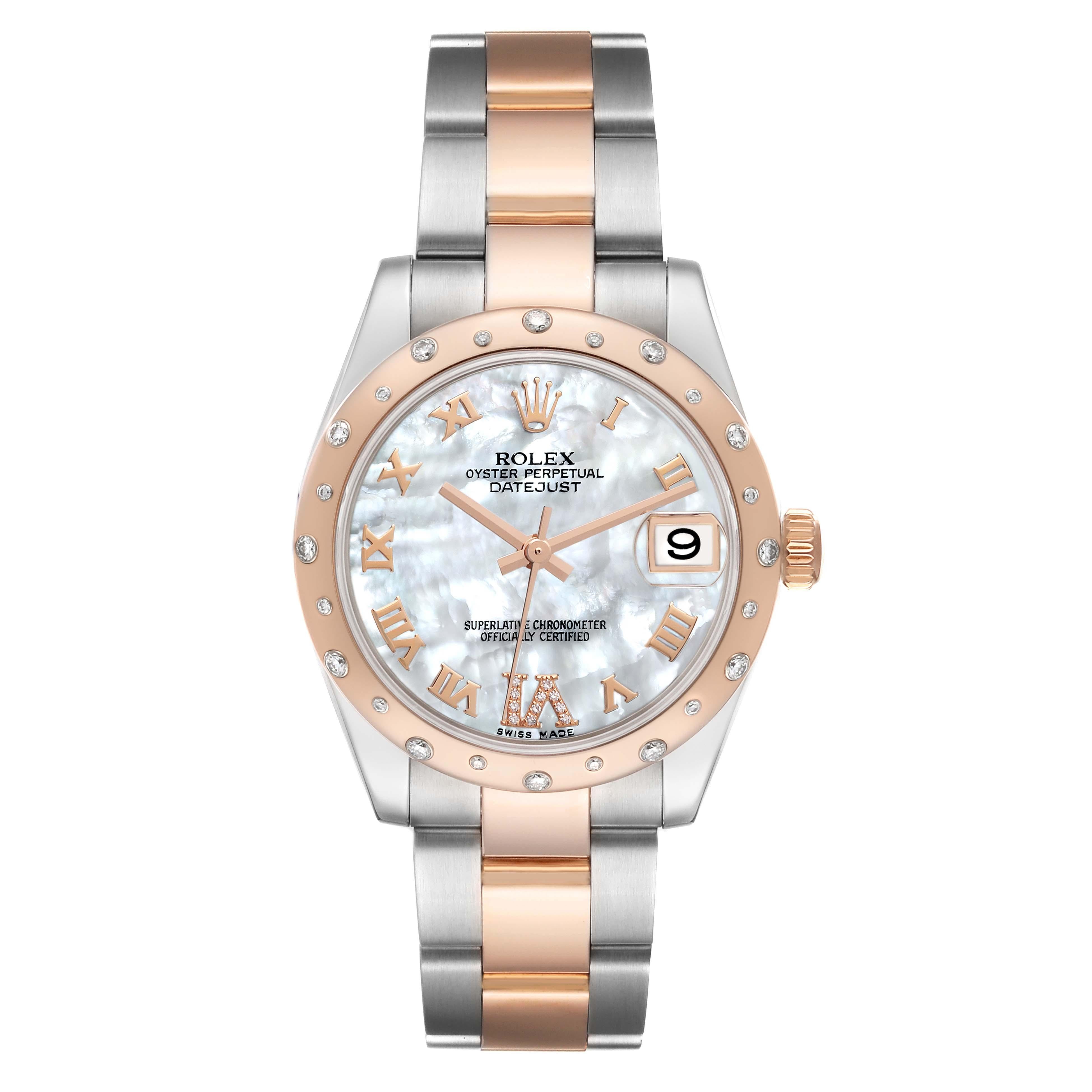 Rolex Datejust 31 Midsize Steel Rose Gold Diamond Ladies Watch 178341. Officially certified chronometer self-winding movement. Stainless steel and 18K rose gold oyster case 31 mm in diameter. Rolex logo on a crown. 18K rose gold smooth domed bezel