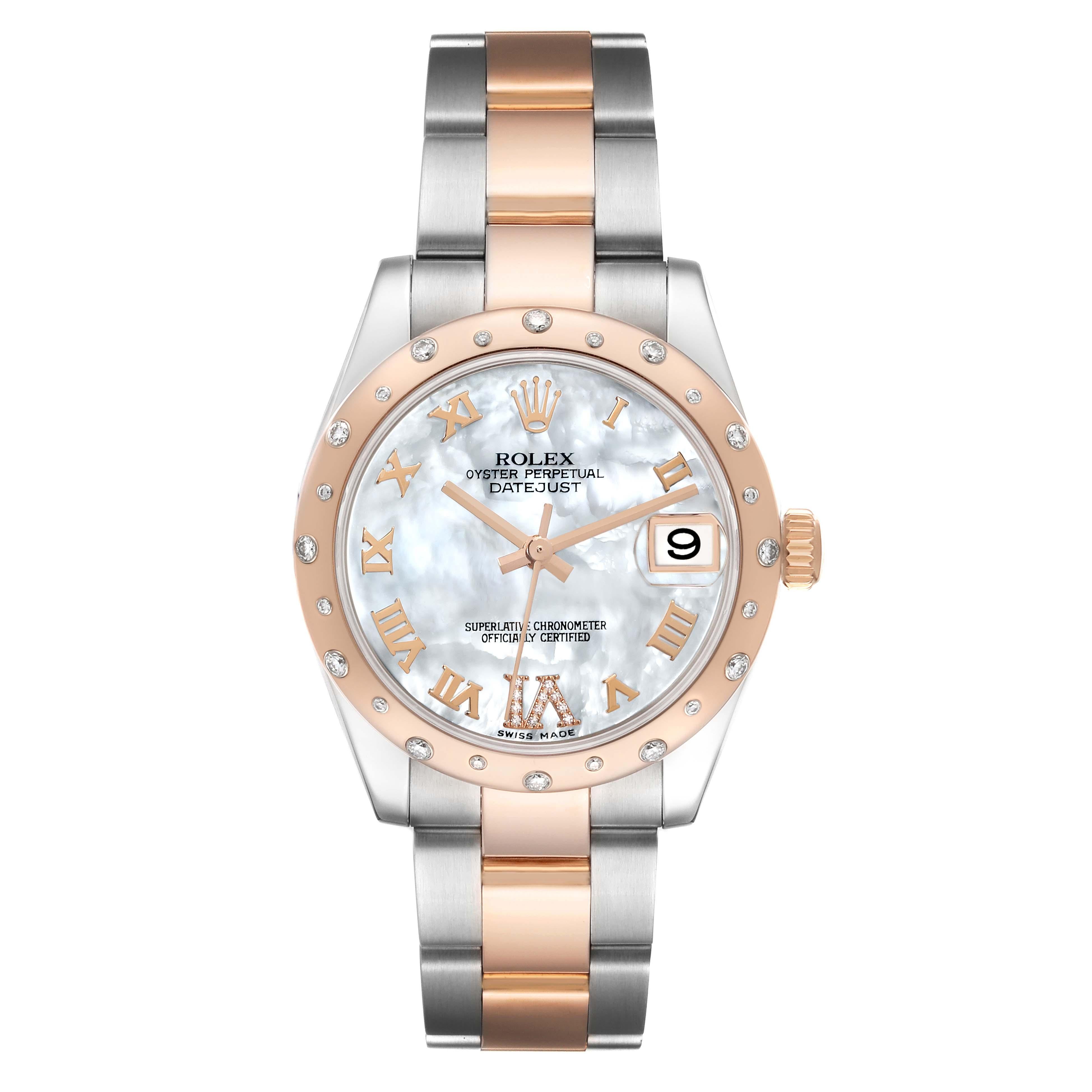 Rolex Datejust 31 Midsize Steel Rose Gold Diamond Ladies Watch 178341. Officially certified chronometer automatic self-winding movement. Stainless steel and 18k rose gold oyster case 31 mm in diameter. Rolex logo on a crown. 18K rose gold smooth