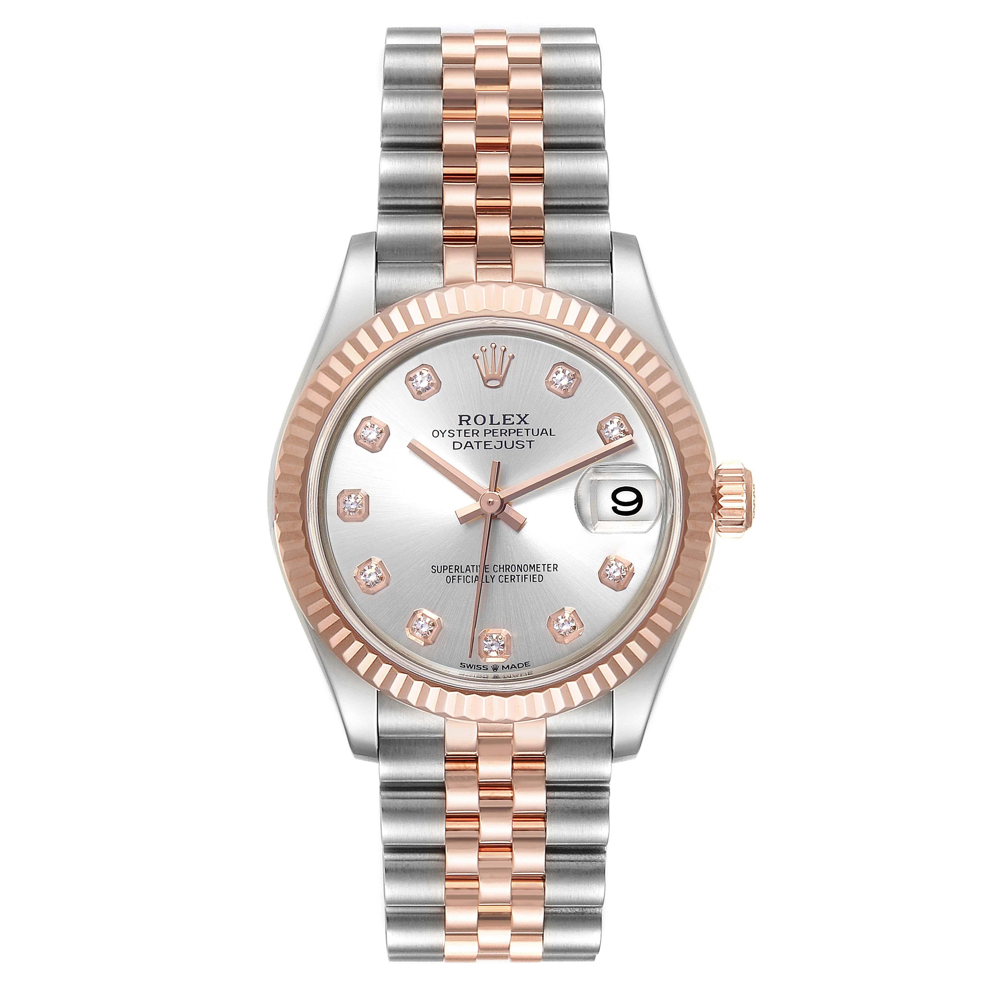 Rolex Datejust 31 Midsize Steel Rose Gold Diamond Ladies Watch 278271. Officially certified chronometer self-winding movement. Stainless steel oyster case 31 mm in diameter. Rolex logo on 18K rose gold crown. 18k rose gold fluted bezel. Scratch