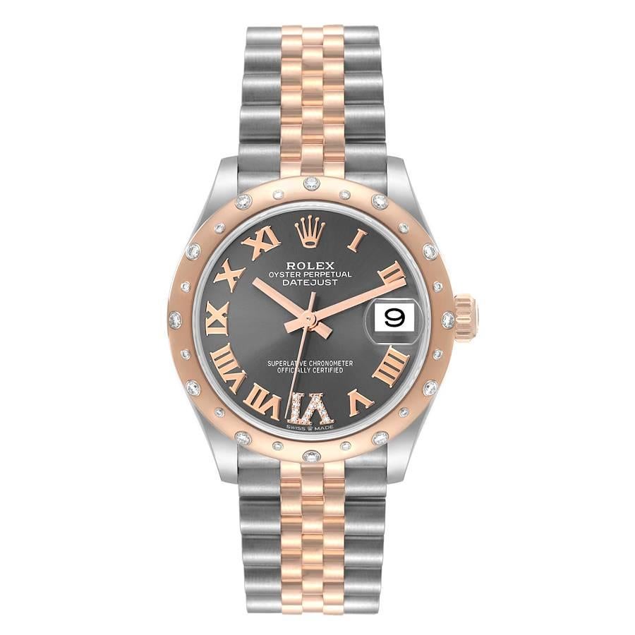 Rolex Datejust 31 Midsize Steel Rose Gold Diamond Ladies Watch 278341 Box Card. Officially certified chronometer self-winding movement with quickset date function. Stainless steel oyster case 31.0 mm in diameter. Rolex logo on a rose gold crown. 18K