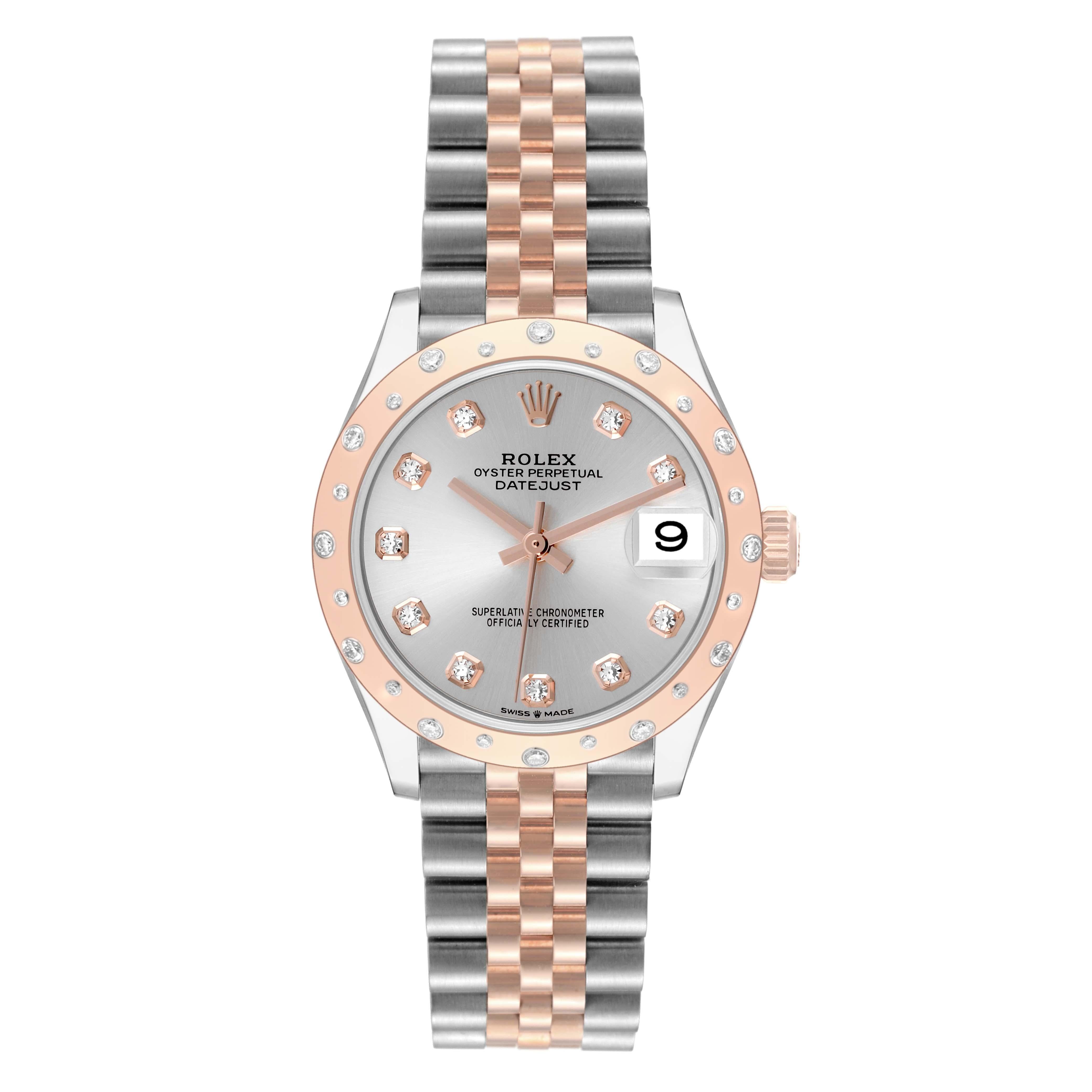 Rolex Datejust 31 Midsize Steel Rose Gold Diamond Ladies Watch 278341 Unworn. Mouvement à remontage automatique certifié officiellement chronomètre avec fonction de date rapide. Boîtier oyster en acier inoxydable de 31.0 mm de diamètre. Logo Rolex