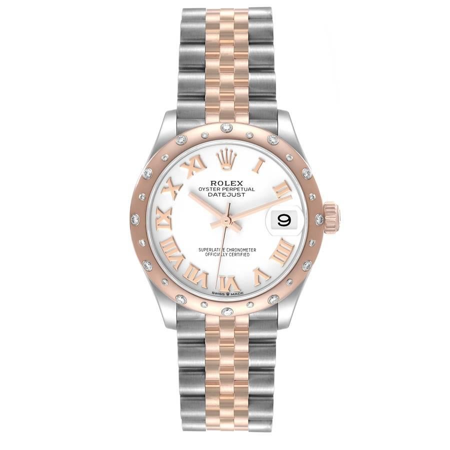 Rolex Datejust 31 Midsize Steel Rose Gold Diamond Watch 278341 Box Card. Mouvement à remontage automatique certifié officiellement chronomètre avec fonction de date rapide. Boîtier oyster en acier inoxydable de 31.0 mm de diamètre. Logo Rolex sur