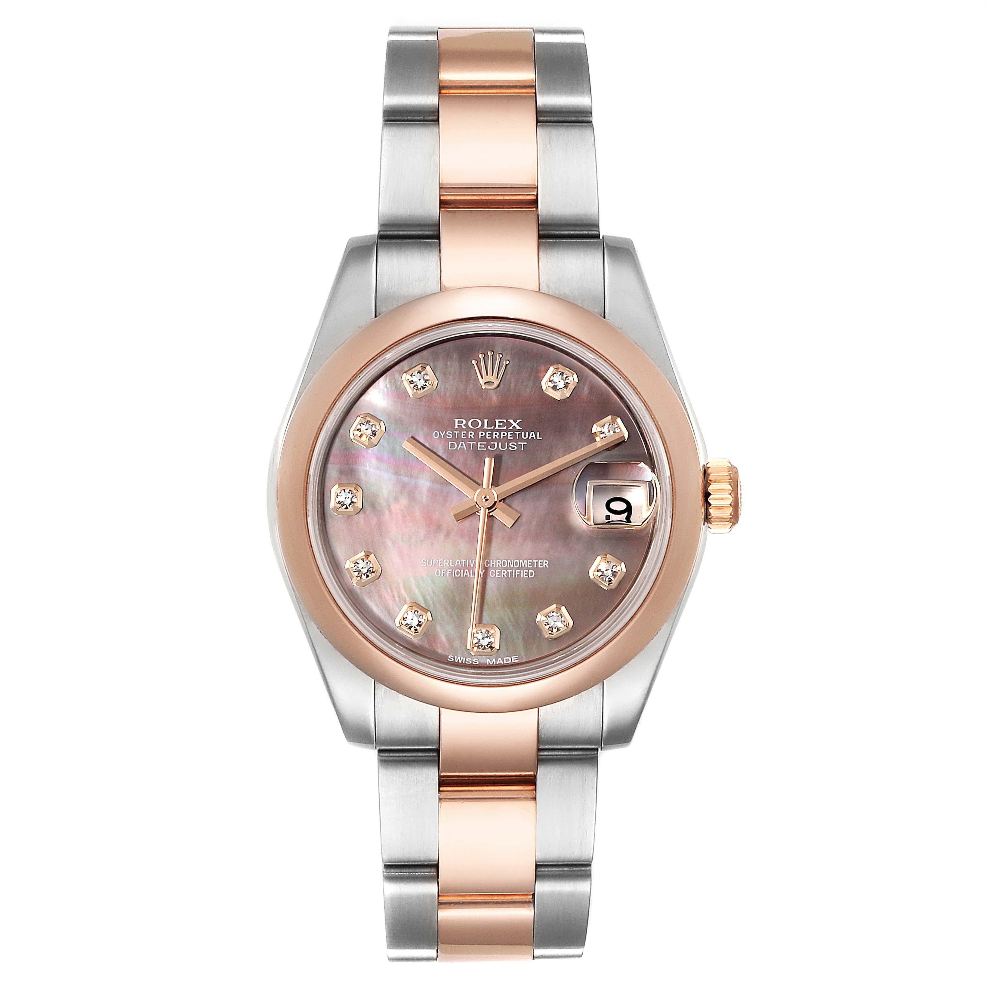Rolex Datejust 31 Midsize Steel Rose Gold MOP Diamond Ladies Watch 178241. Officially certified chronometer self-winding movement. Stainless steel and rose gold oyster case 31.0 mm in diameter. Rolex logo on a crown. Stainless steel and 18k yellow